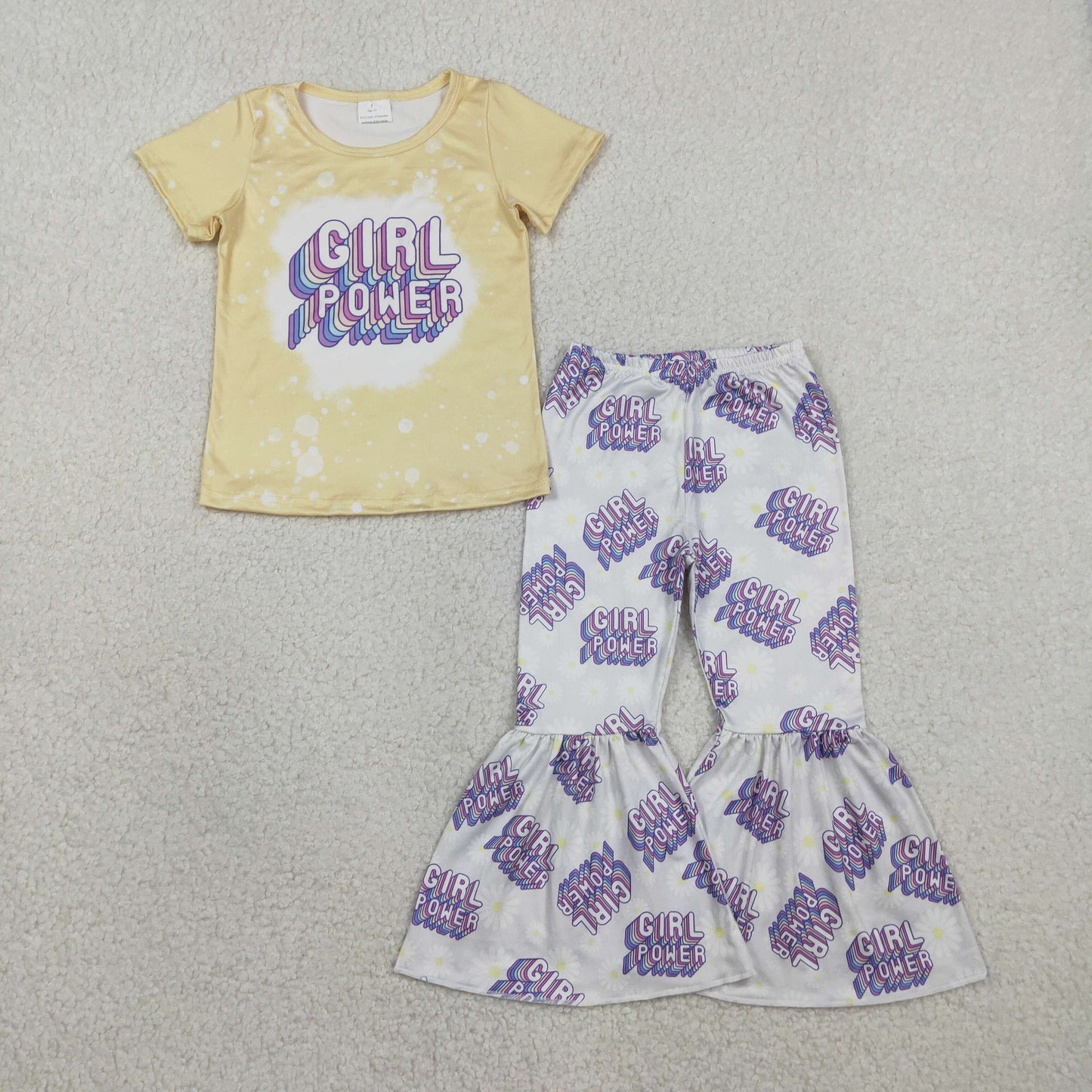 GSPO1092 Kids Baby Girl Power Short Sleeve Shirt Top Bell Bottom Pants Clothes Sets