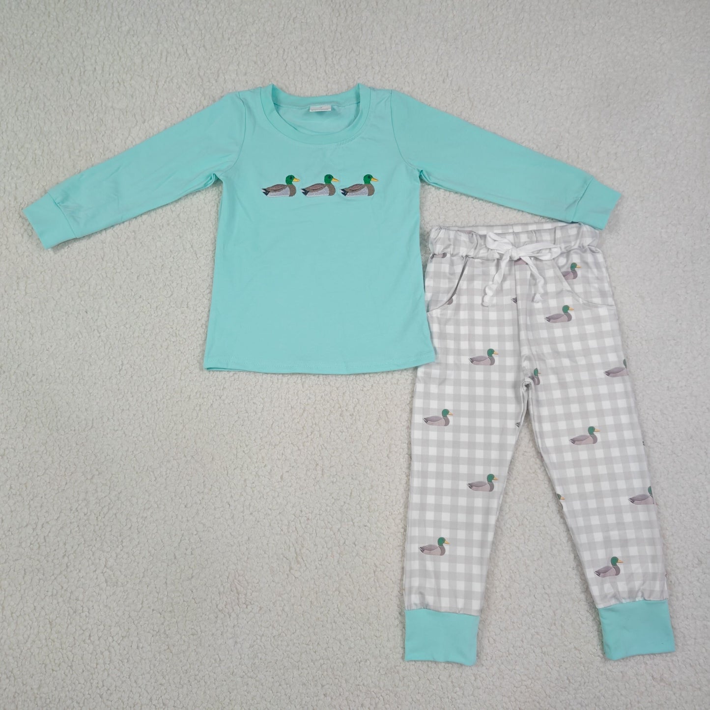 BLP1424 Kids Clothing Baby Boy Embroidery Ducks Top Pockets Checked Jogger Hunting Sets