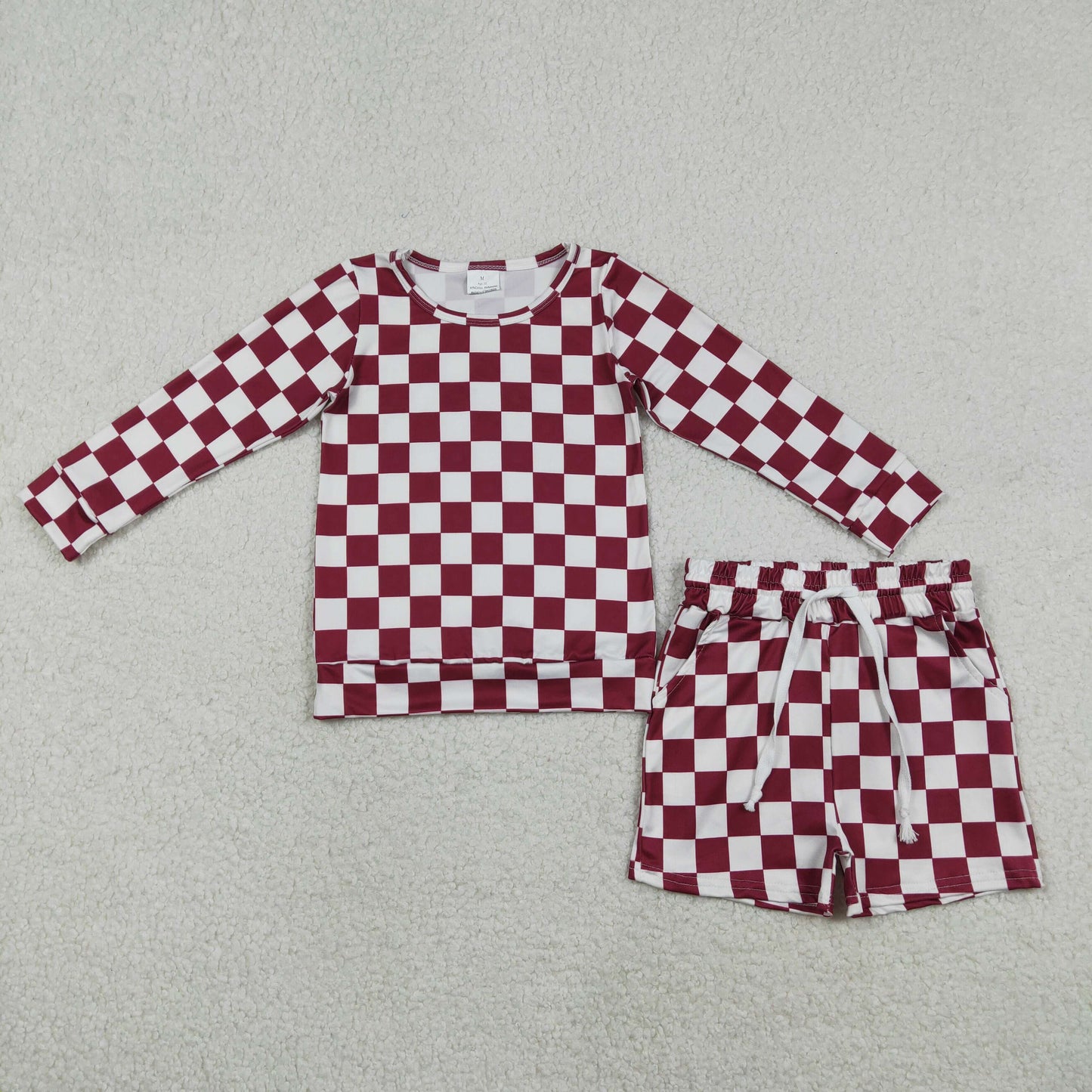 RTS NO MOQ(In Stock) Dark Red Plaid Long-Sleeve Shorts Set