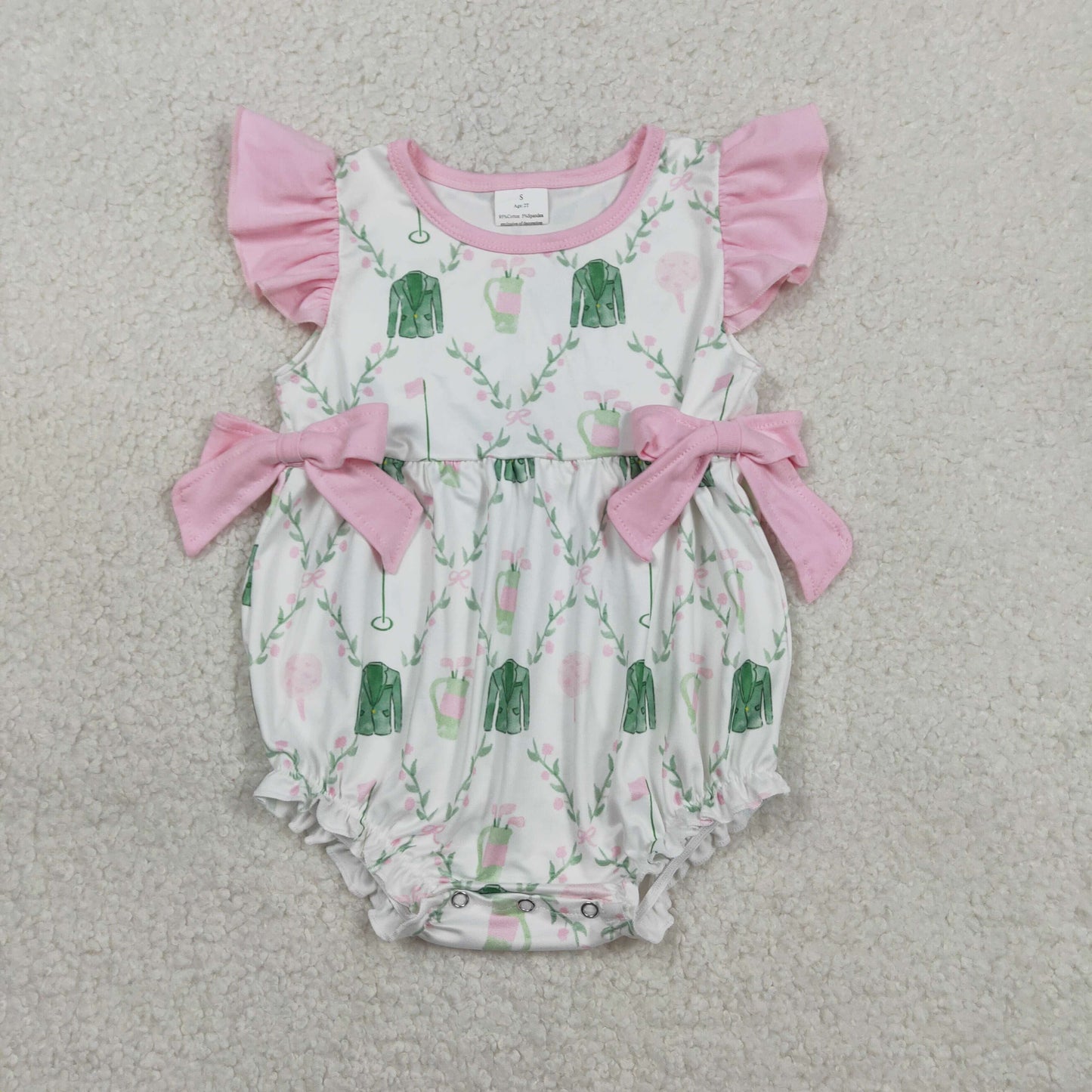 RTS NO MOQ(In Stock) SR3842 Golf Ball Cylinder Floral Leaf Check Pink Bow Vest Jumpsuit