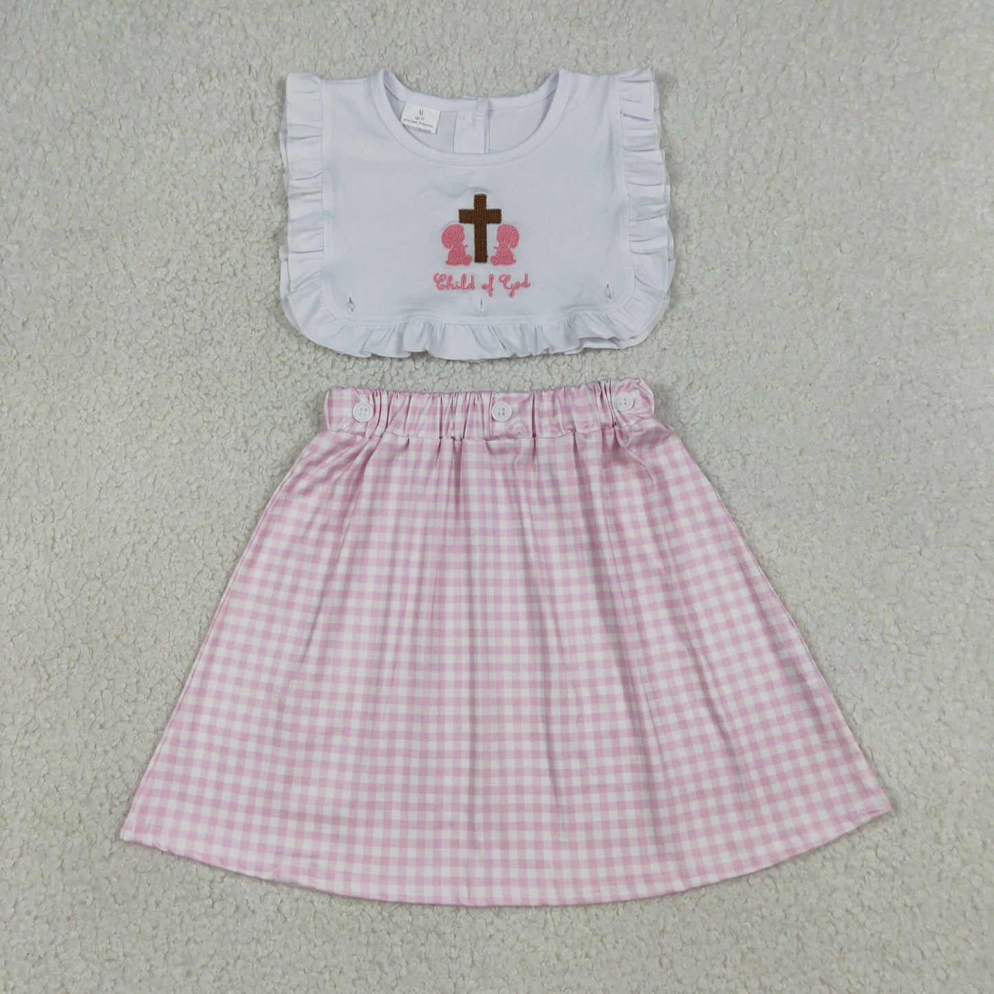 GSD3201 Kids Embroidery Cross Child of God Baby Girls Pink Checked Knee Length Dress