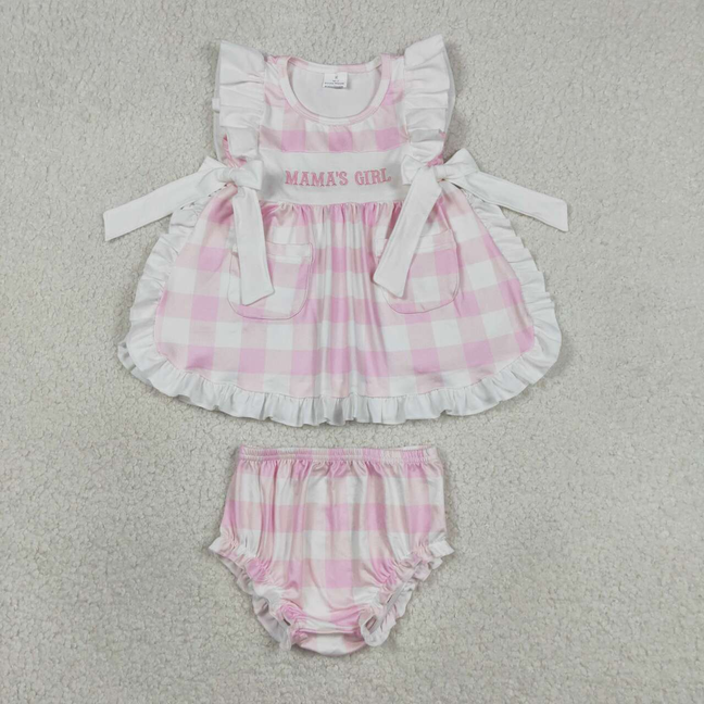 GBO0495 Kids Embroidery Mama's Girl Pink Checked Pockets Tunic Bummies Clothes Sets