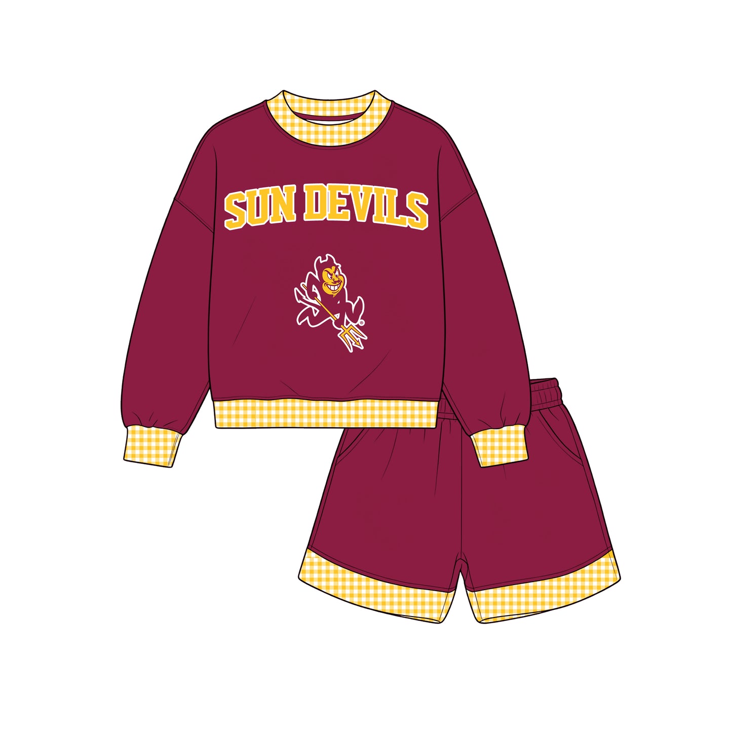 Custom Order Baby Boys Sun Devils Long Sleeve Milk silk Top Pockets Shorts Team Clothes Sets