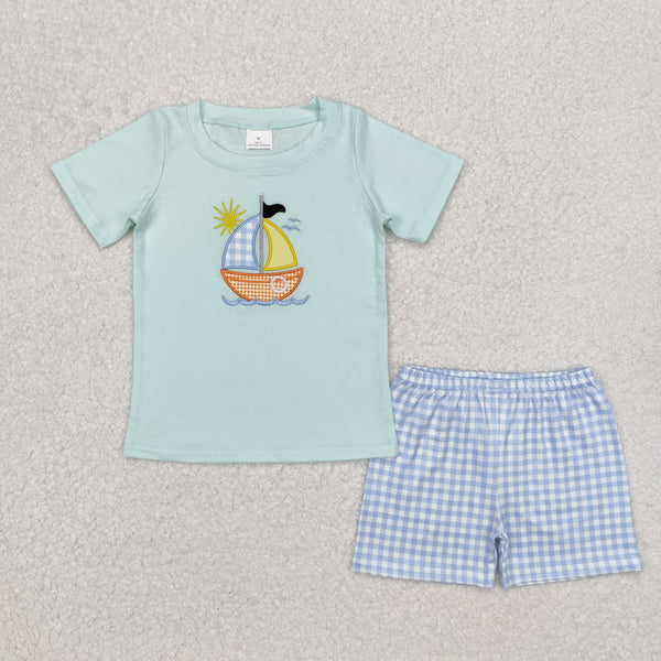 BSSO1048 Baby Boys Sailboat Tee Shirts Checkered Shorts Clothing Set