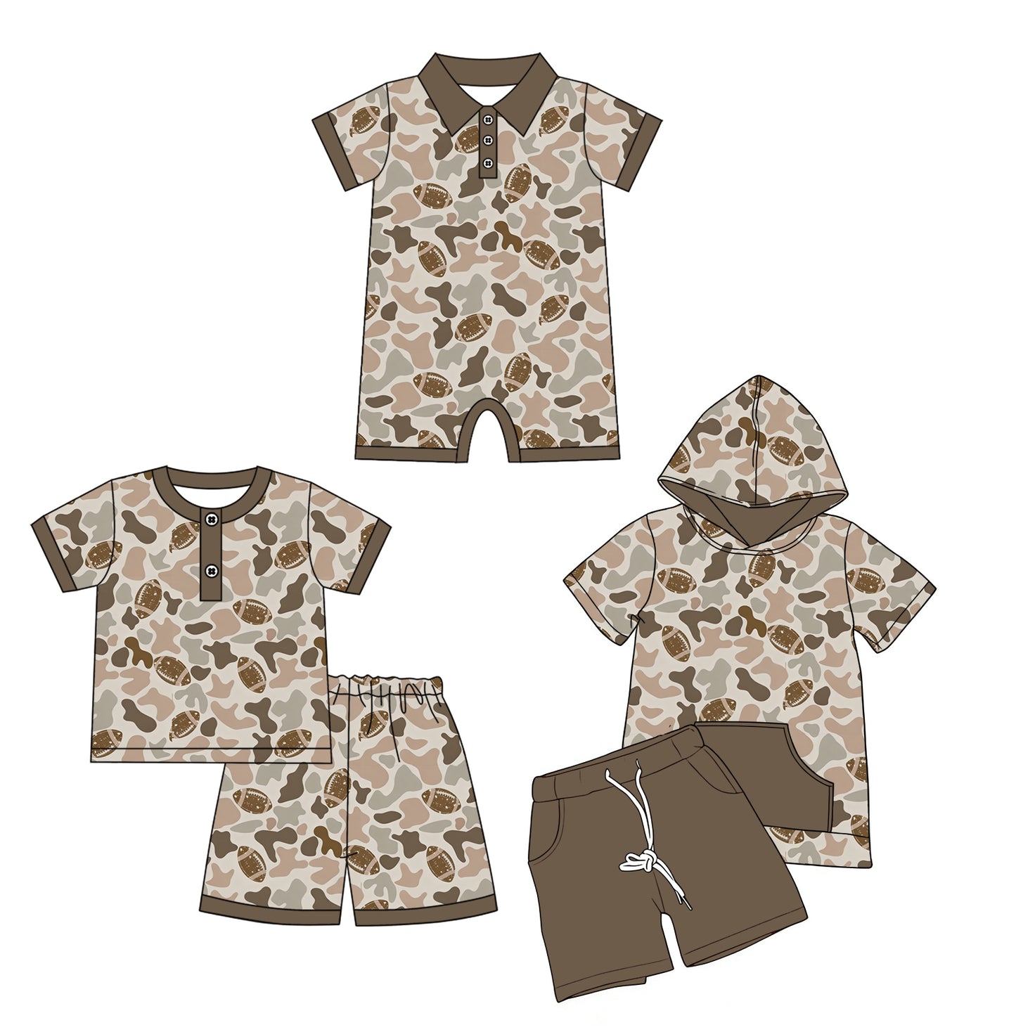 26.1.16 Custom (moq 3 or 5) Sibling Brown Camo Baby Boy Football Team Top Shorts 2Pcs Clothes Set Kids Romper