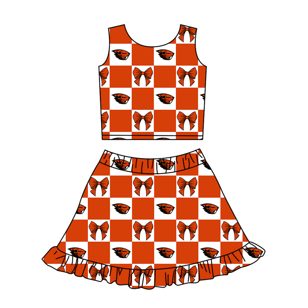1.28 Custom Moq 3 Baby Girl Utah Bows Plaid Top Ruffle Skirt Short Team Clothes Sets