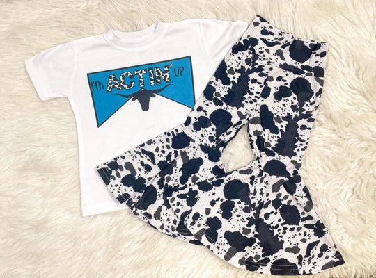 12.29 MOQ:5pcs GSPO2274 pre-order toddler girl clothes milk cow print girl bell bottom pant set
