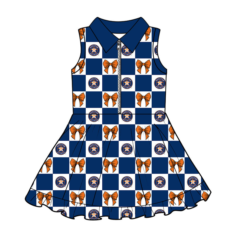 Custom Milk Silk Order MOQ:3 or 5 pcs Each Design Team State Girl Summer Bow Blue Sleeveless Dress-26.1.21