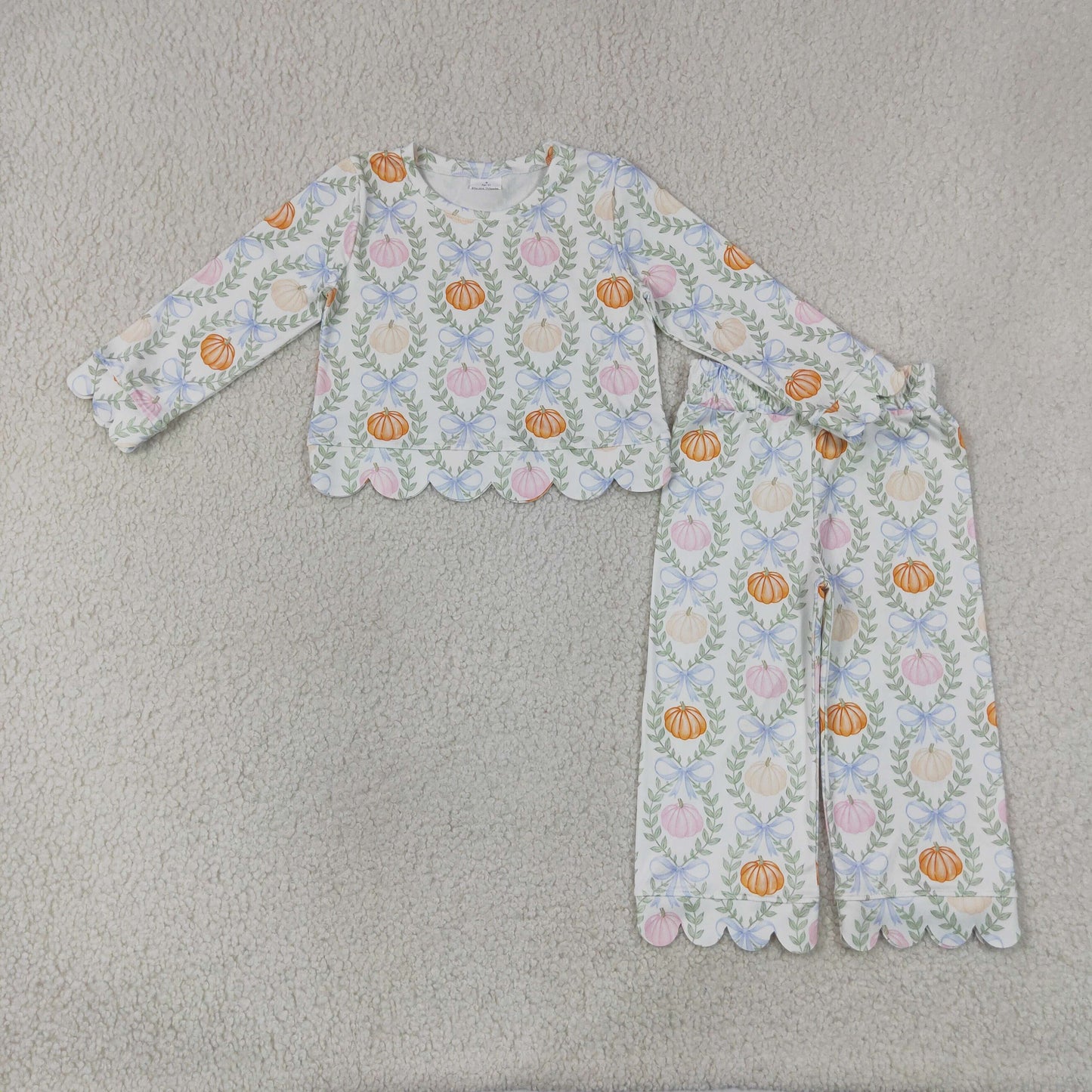 GLP3395 Kids Baby Girls Flowers Pumpkins Checked Top Flare Pants Fall Scallop Clothes Sets