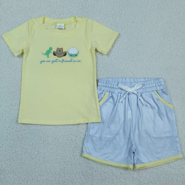 BSSO1968 Kids Embroidery Dinosaur Hats Baby Boys Top Pockets Stripe Short Clothes Sets