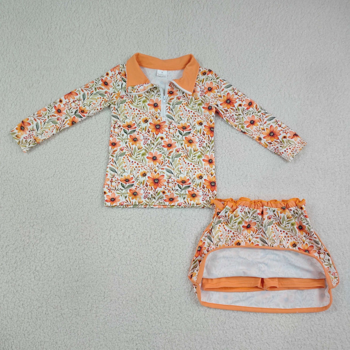 GLD1606 Kids Clothing Baby Girls Long Sleeve Flowers Zip Pullovers Skirt Short Fall Clothes Sets