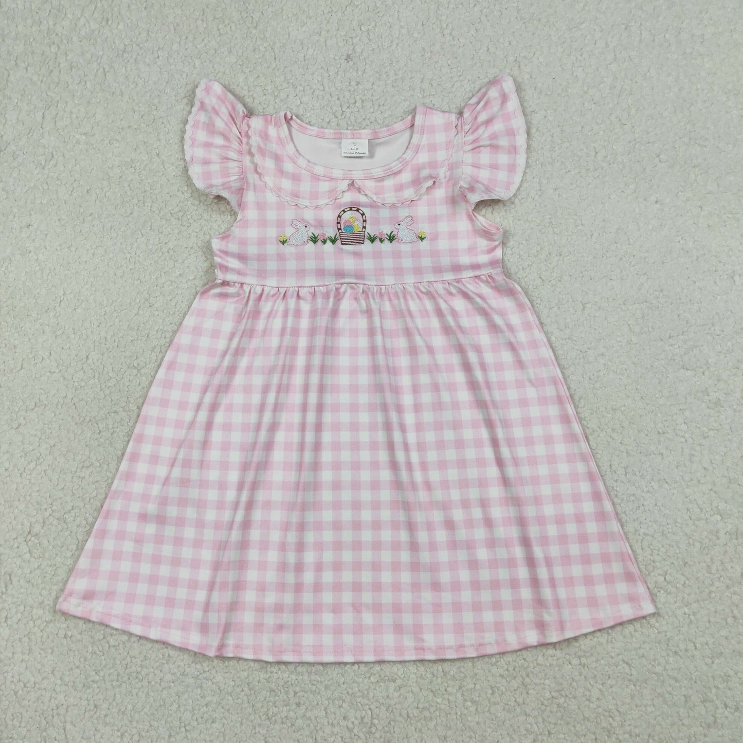 GSD2913 Kids Baby Girl Embroidery Rabbits Eggs Pink Checked Easter Knee Length Dresses