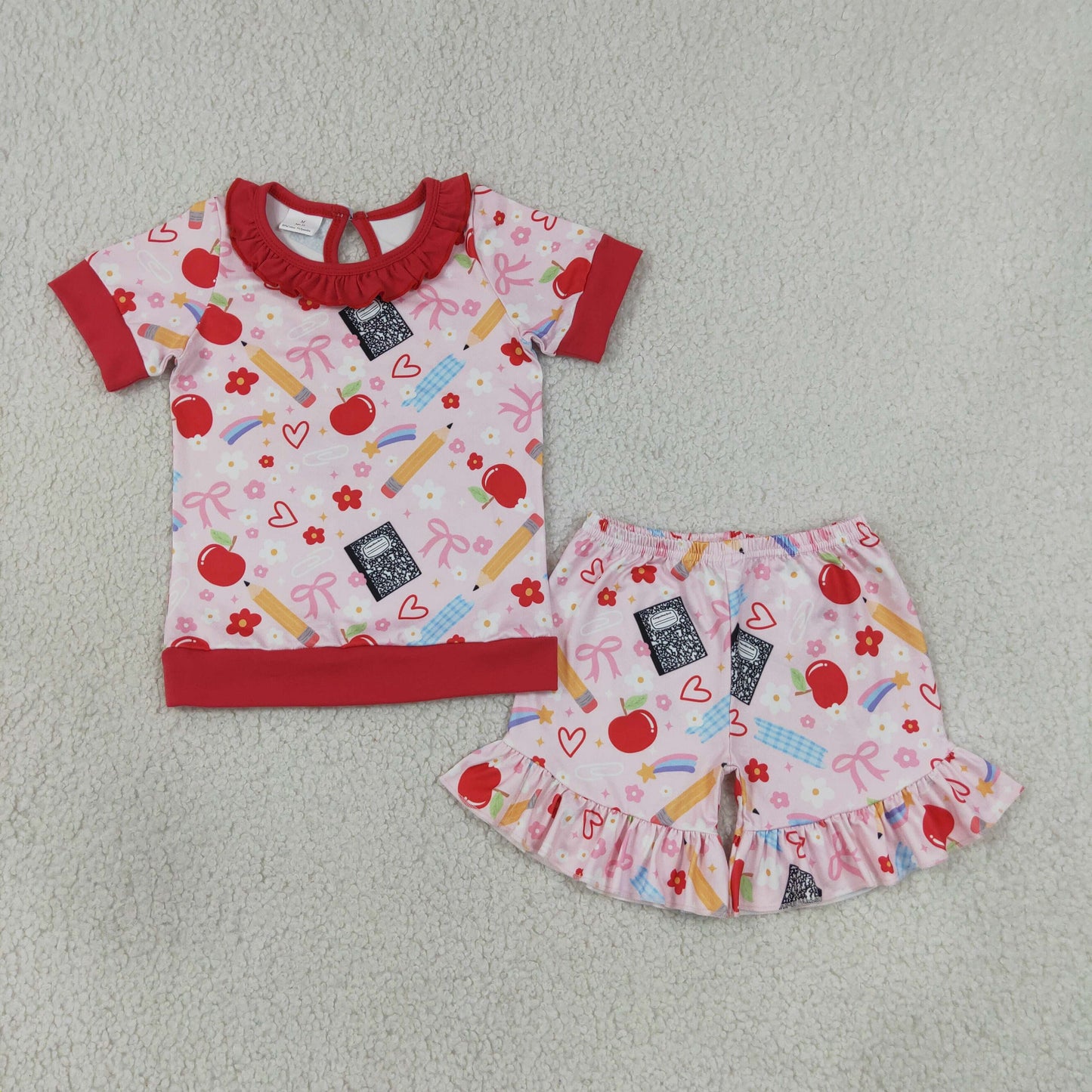 GSSO3525 Kids Baby Girls Pencil Flower Apples Top Ruffle Short Back to School Clothes Sets