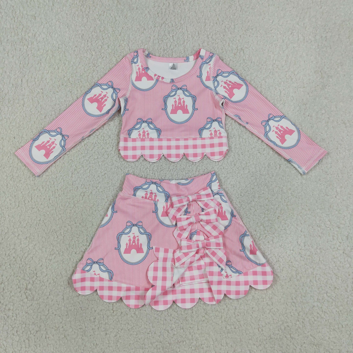 GLD1601 Kids Clothing Baby Girls Pink Bows Castles Top Bows Short Skirt Yoga Active Scallop Clothes Sets
