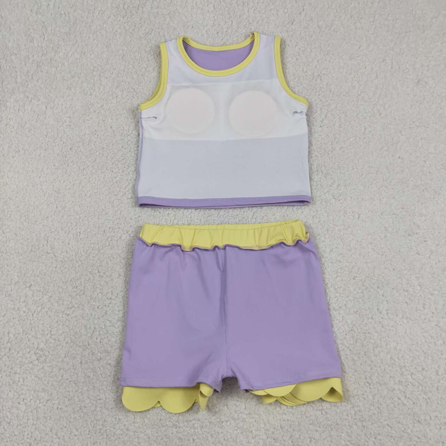 GSD4011 Kids Baby Girls Lavender Yellow Vest Scallop Skirt Short Yoga Active Clothes Set