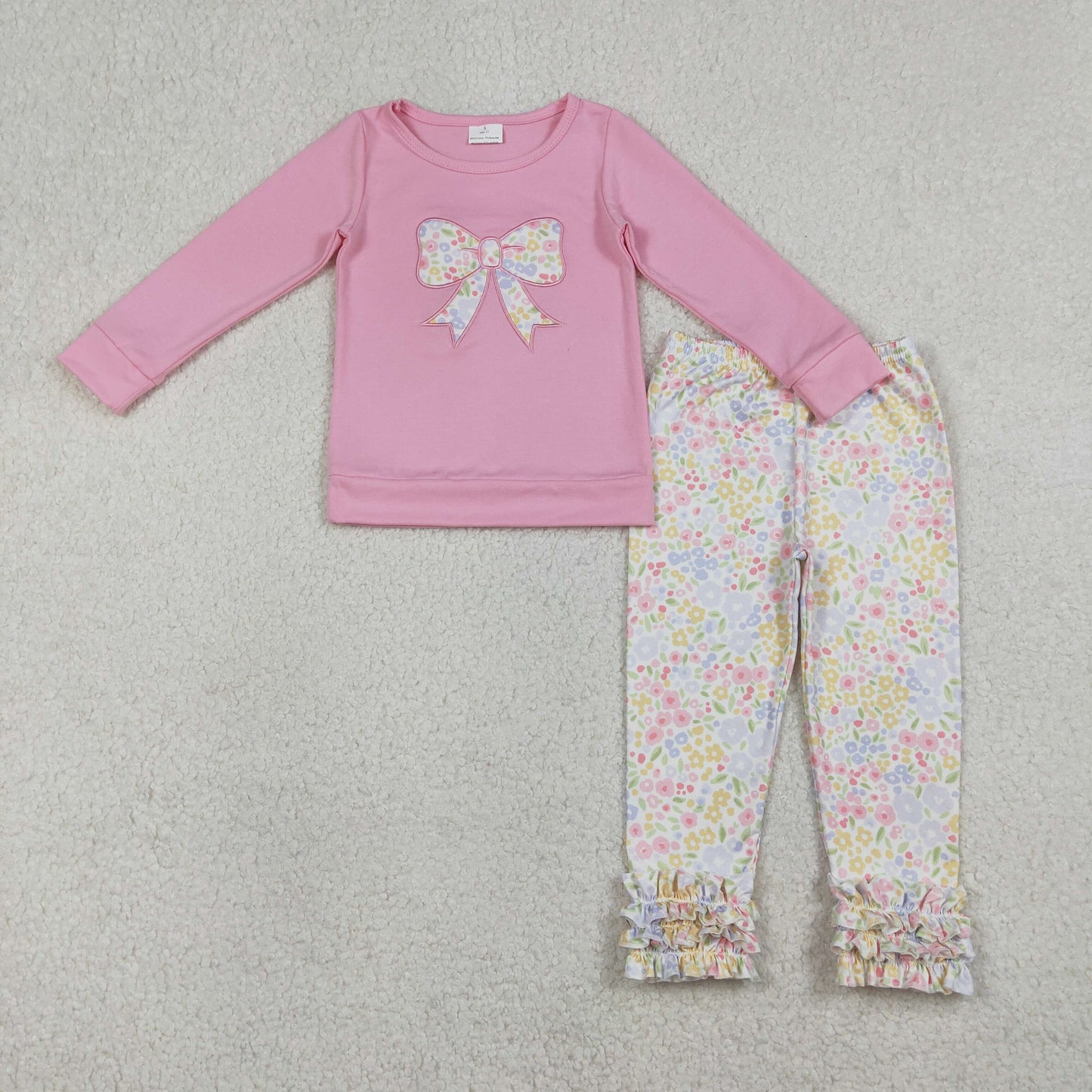 RTS NO MOQ(In Stock) GT1537+P1005 Embroidered Floral Print Pink Long-Sleeved Top with Bow Pattern trim trousers set-GLP3242