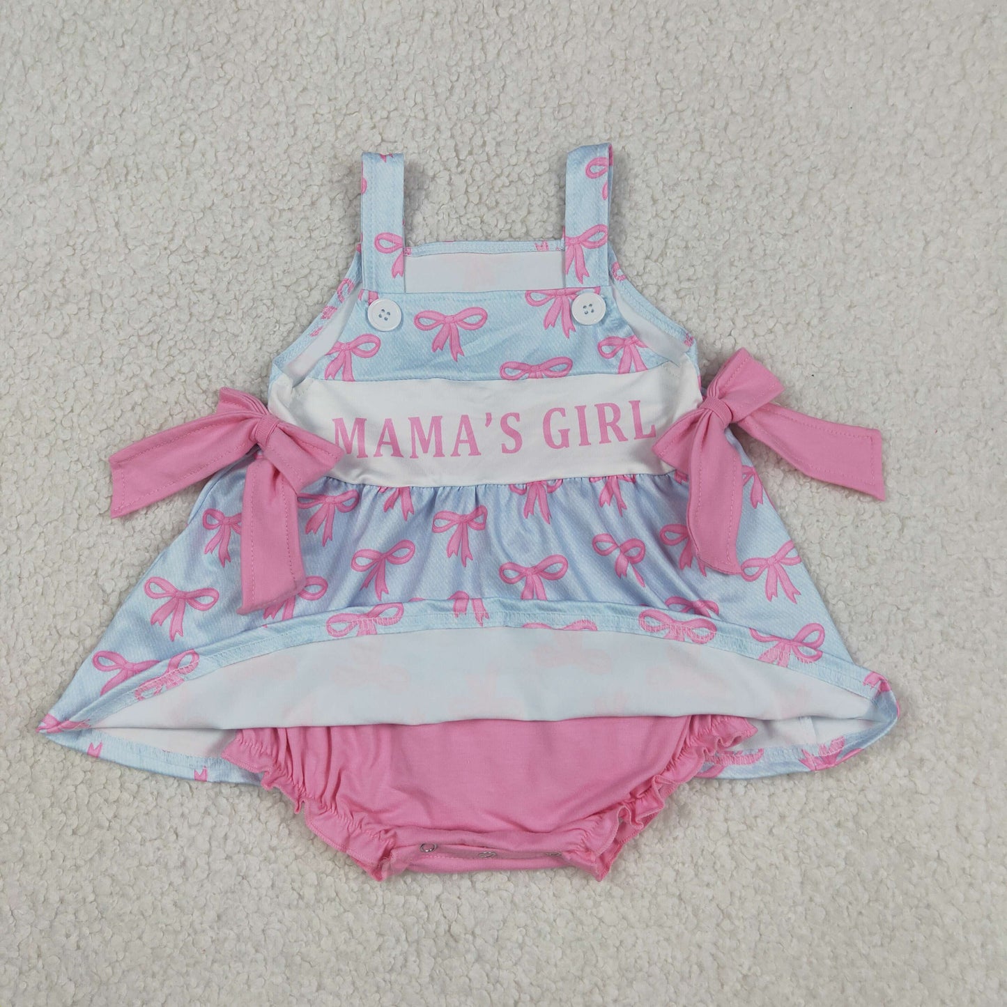 SR3426 Kids Baby Girls Pink Strap Mama's Girls Bows Tunic Bummies Ruffle Rompers
