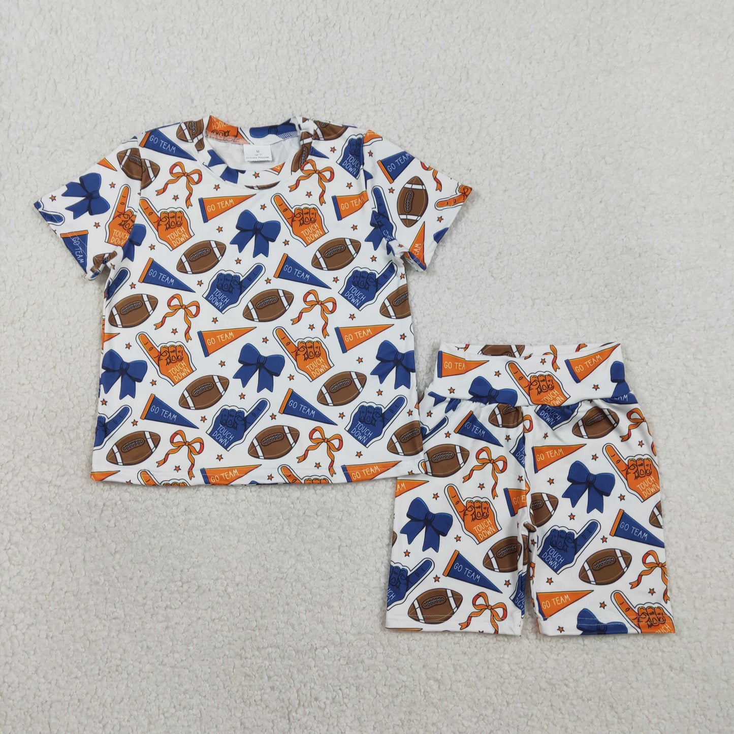 RTS NO MOQ(In Stock) GSSO2722 Orange and blue flared short-sleeved shirt and shorts set with a football-themed design and bow pattern