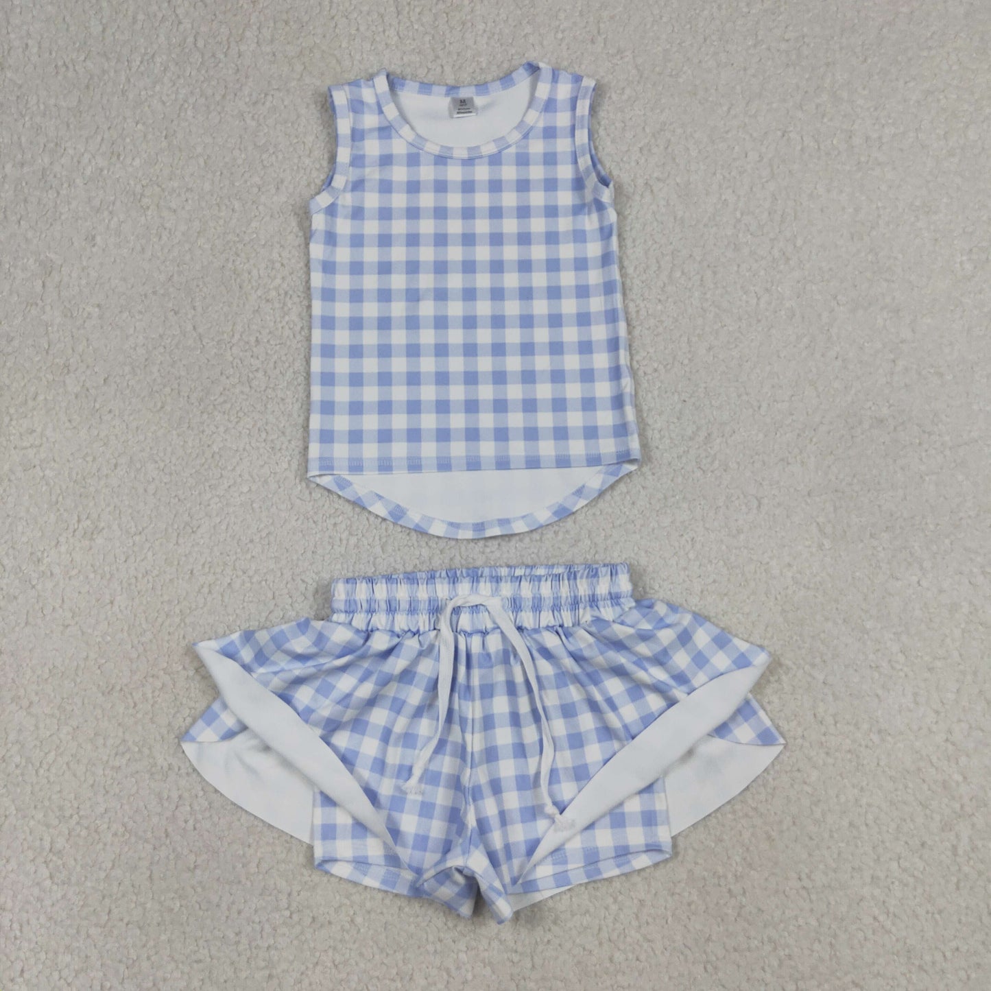 GSSO3479 Kids Baby Girls Blue Checked Vests Top Butterfly Short Yoga Active Clothes Set