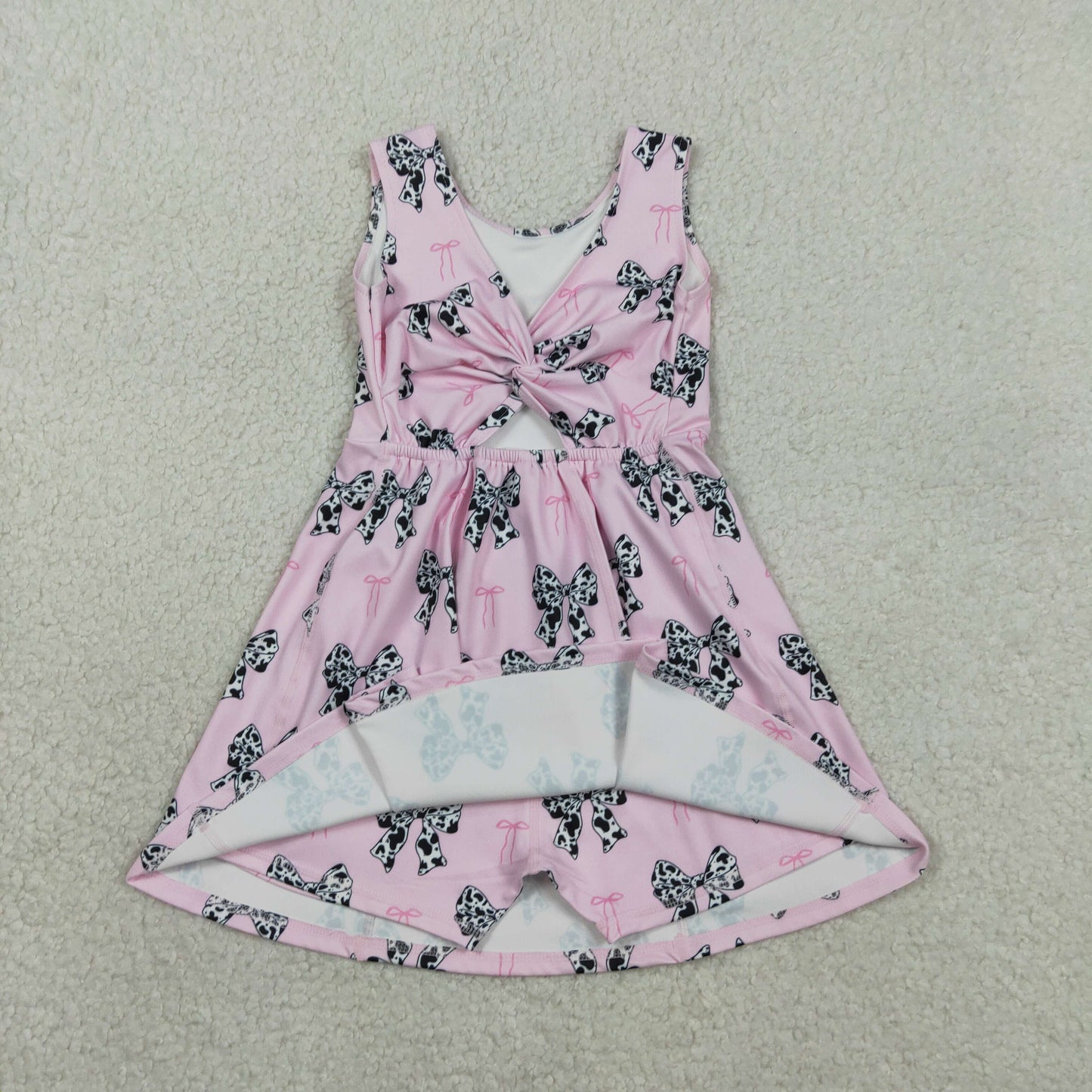 GSD1853 Kids Baby Girl Western Cow Print Bow Sleeveless Skort Knee Length Dresses