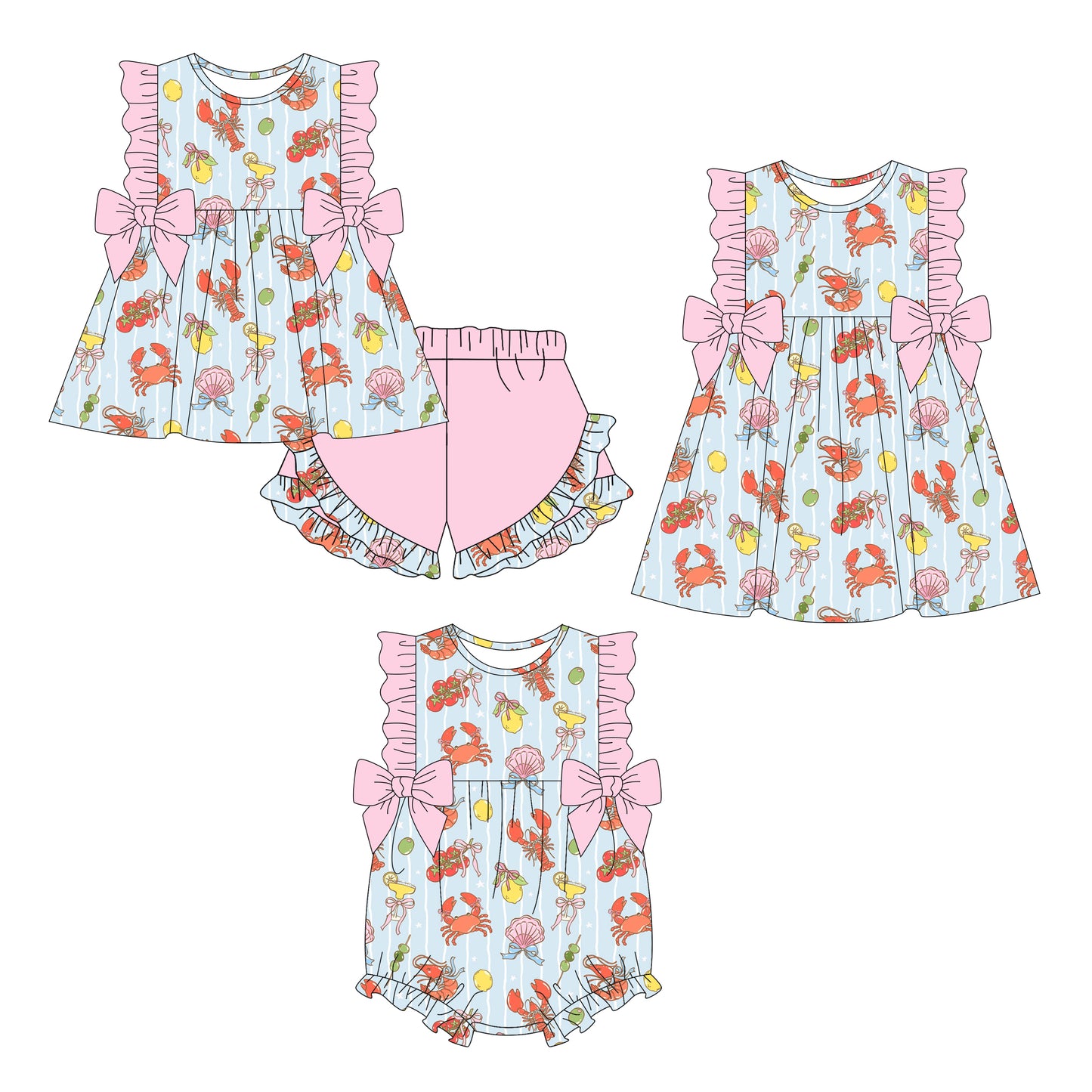 26.1.3 Custom MOQ:3 or 5 pcs each design milk silk Sibling baby girl clothes lobster bow short sleeve shorts sets and dress and romper