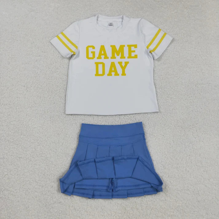 9.4 Sibling Baby Girls Game Day Tee Shirts Tops Pleated Skirts Short Yoga Active Team Clothes Sets