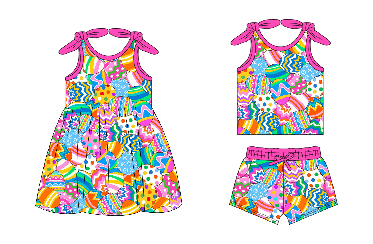 26.1.14 Custom MOQ:3 or 5 pcs each design milk silk Sibling baby girl clothes easter eggs short sleeve shorts sets and dress