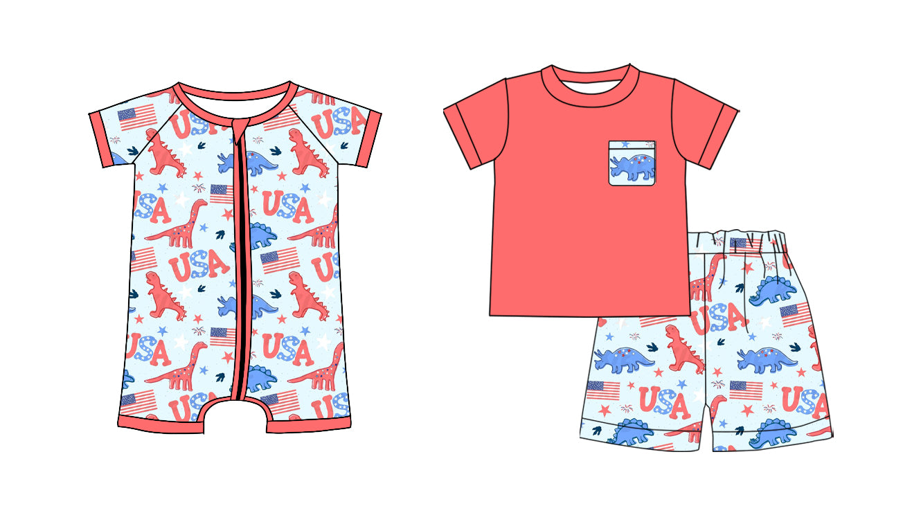 26.1.10 Custom MOQ:3 or 5 pcs each design milk silk Sibling baby boy clothes USA dinosaur short sleeve shorts sets and romper