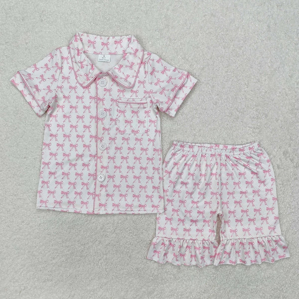5.27 Sibling Baby Girls Colorful Bows Buttons Shirt Shorts Pajamas Clothes Sets