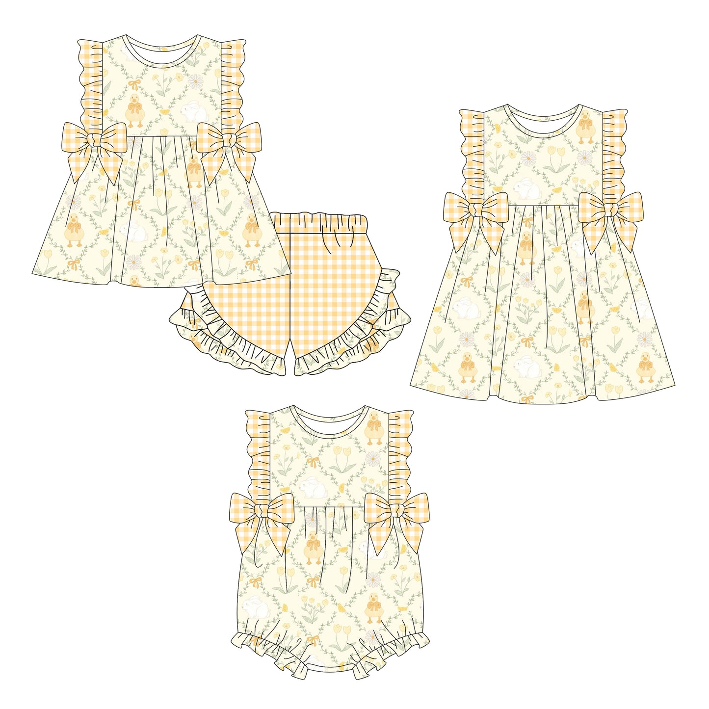 26.1.5 Custom MOQ:3 or 5 pcs each design milk silk Sibling baby girl clothes bow floral short sleeve shorts sets and dress and romper