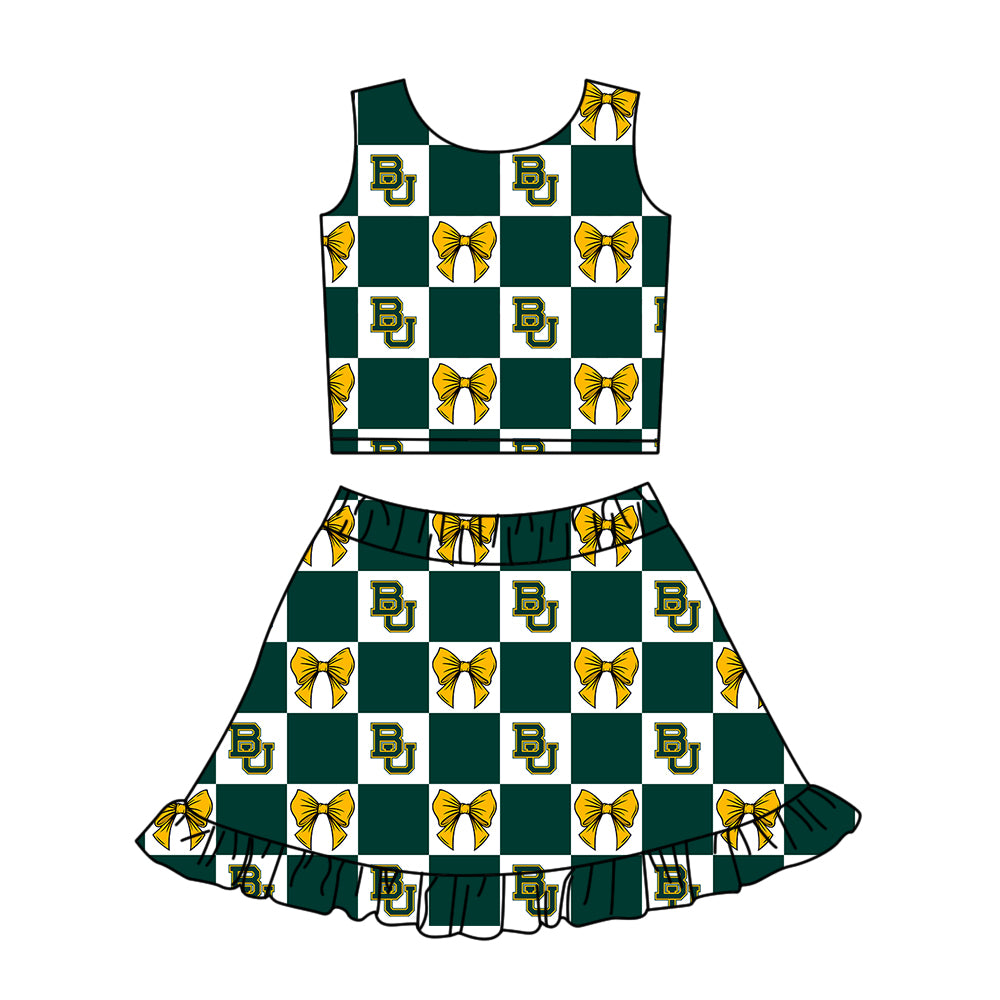 Custom MOQ 3 or 5 pcs Team Design Girl Summer Green BU Bows Checked Vest Ruffle Skirt Short Team Clothes Sets