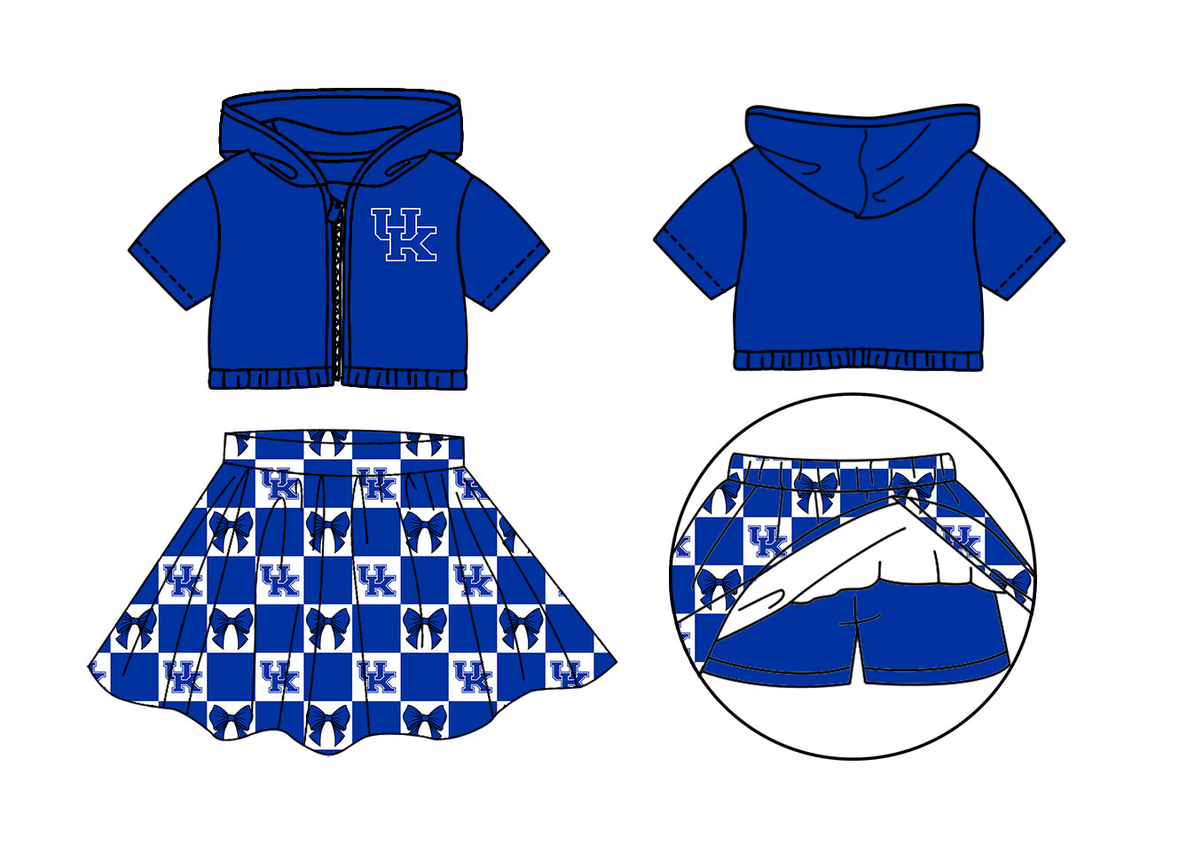 Custom Milk Silk Order MOQ:3 or 5 pcs Each Design Team State Girl Summer Bow Blue Zipper Hooded Short Sleeve Short Skirts Sets-26.1.19