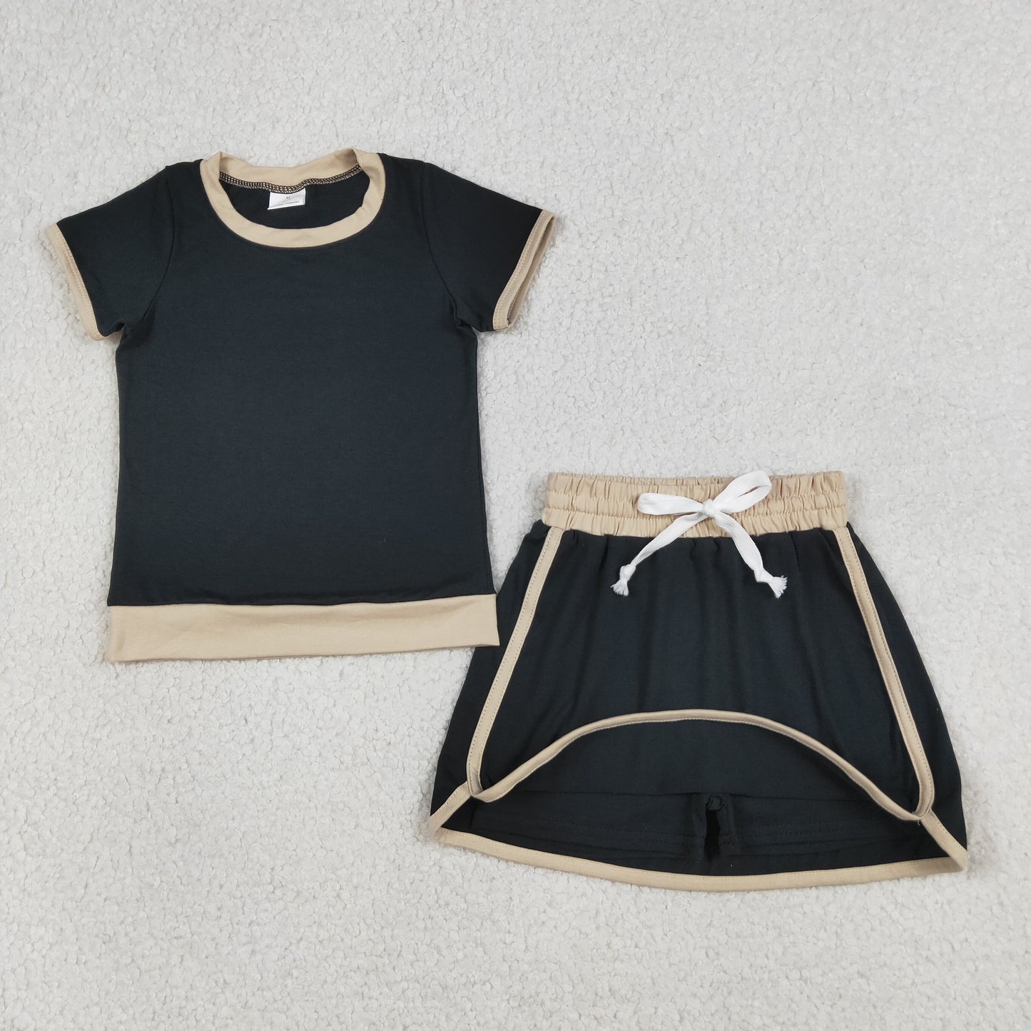 GSD3923 Kids Baby Girls Short Sleeve Black Top Skirt Shorts Cotton Clothes Sets