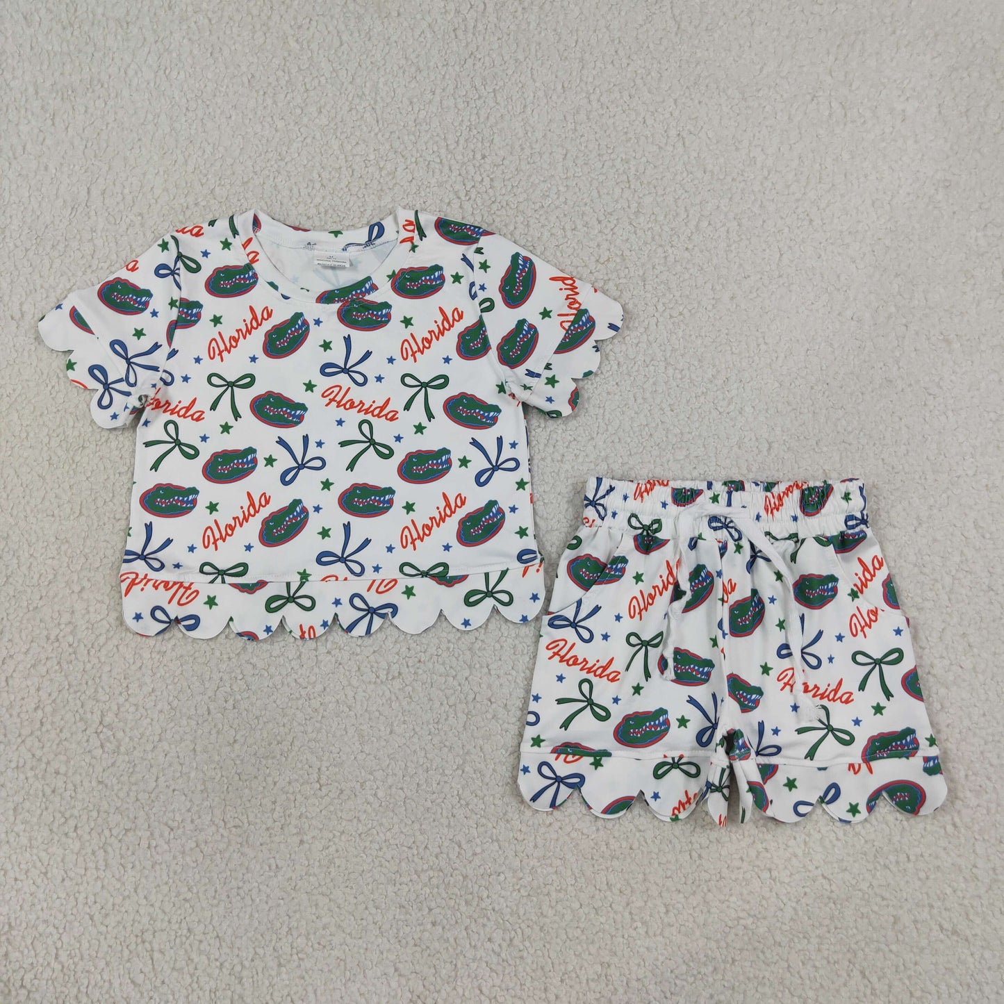 GSSO3249 Kids Clothing Baby Girls Star Bows Florida Gators Top Pockets Shorts Team Scallop Clothes Sets