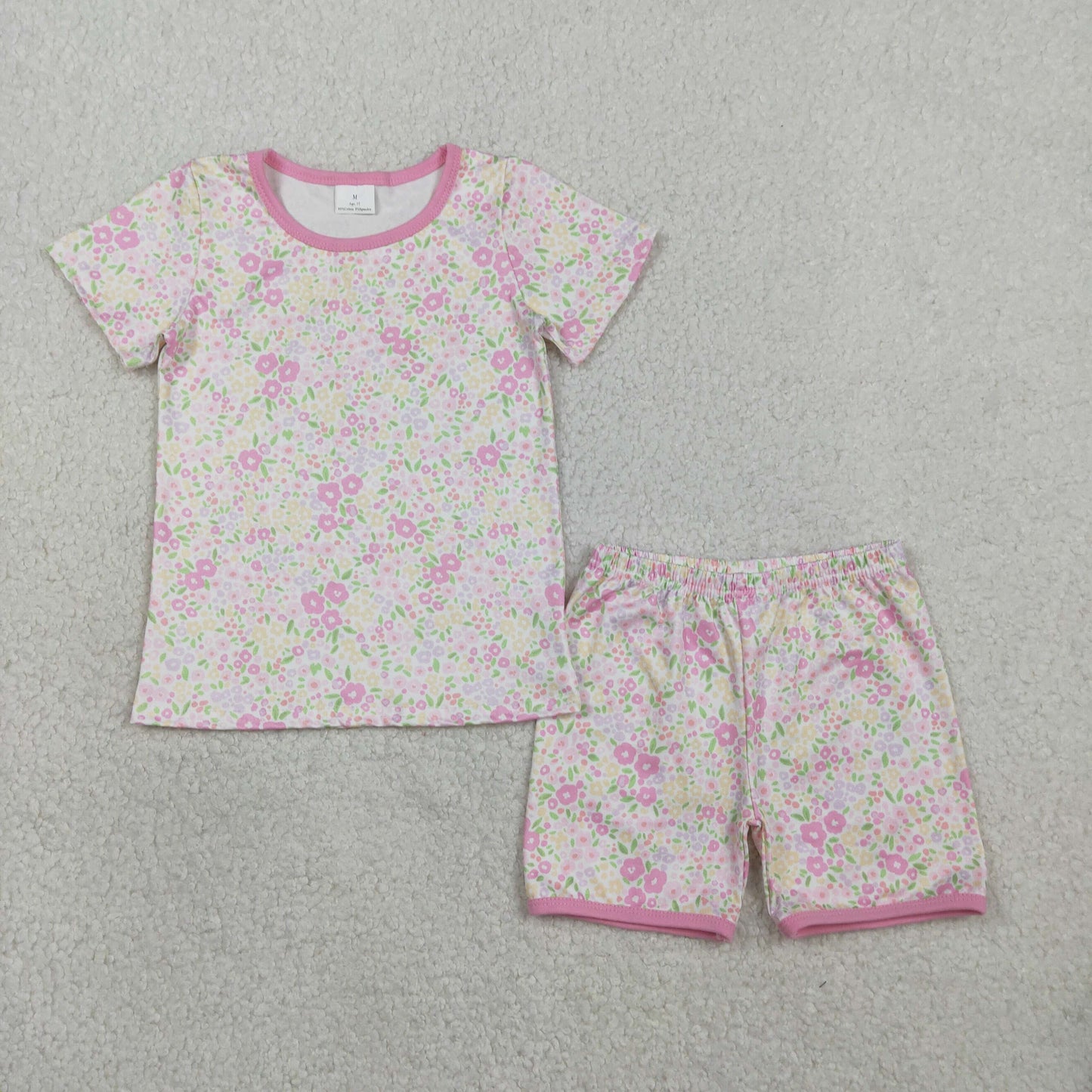 GSSO3129 Kids Baby Girl Short Sleeve Pink Flowers Top Shorts Pajamas Clothes Sets