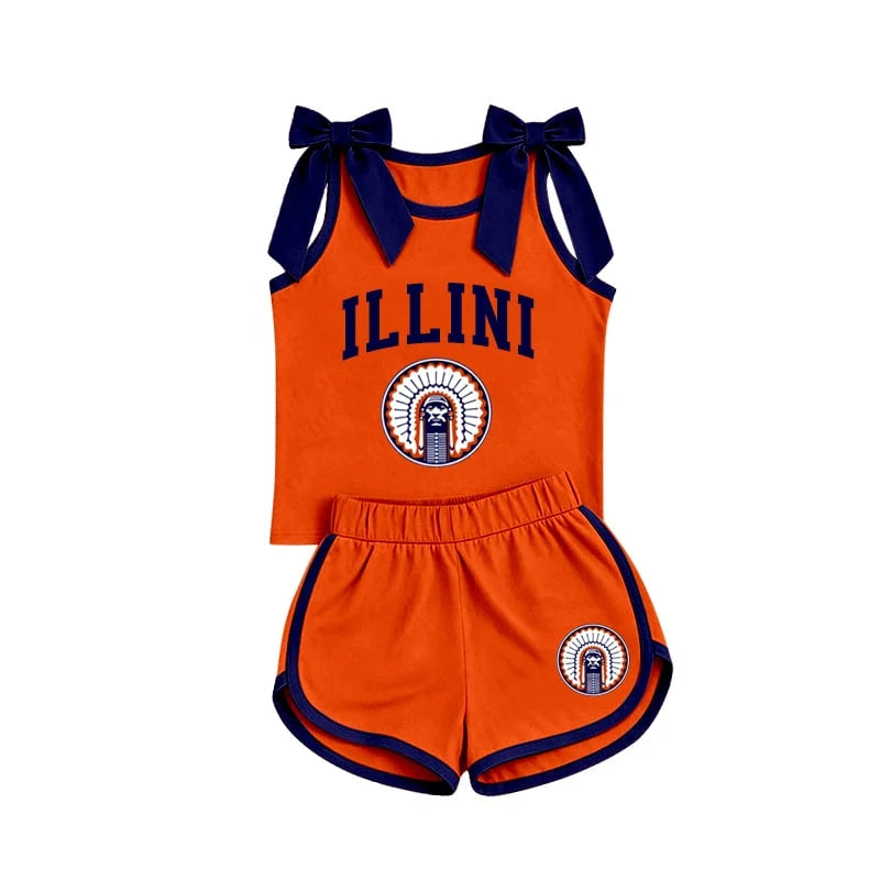 Custom Order Baby Girls Milk silk Illini Bows Sleeveless Top Shorts Team Clothes Sets