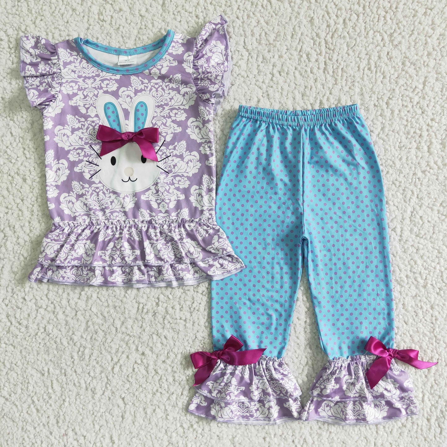 A0-1 Baby Girl Embroidery Rabbit Purple Ruffle Long Pants Sets