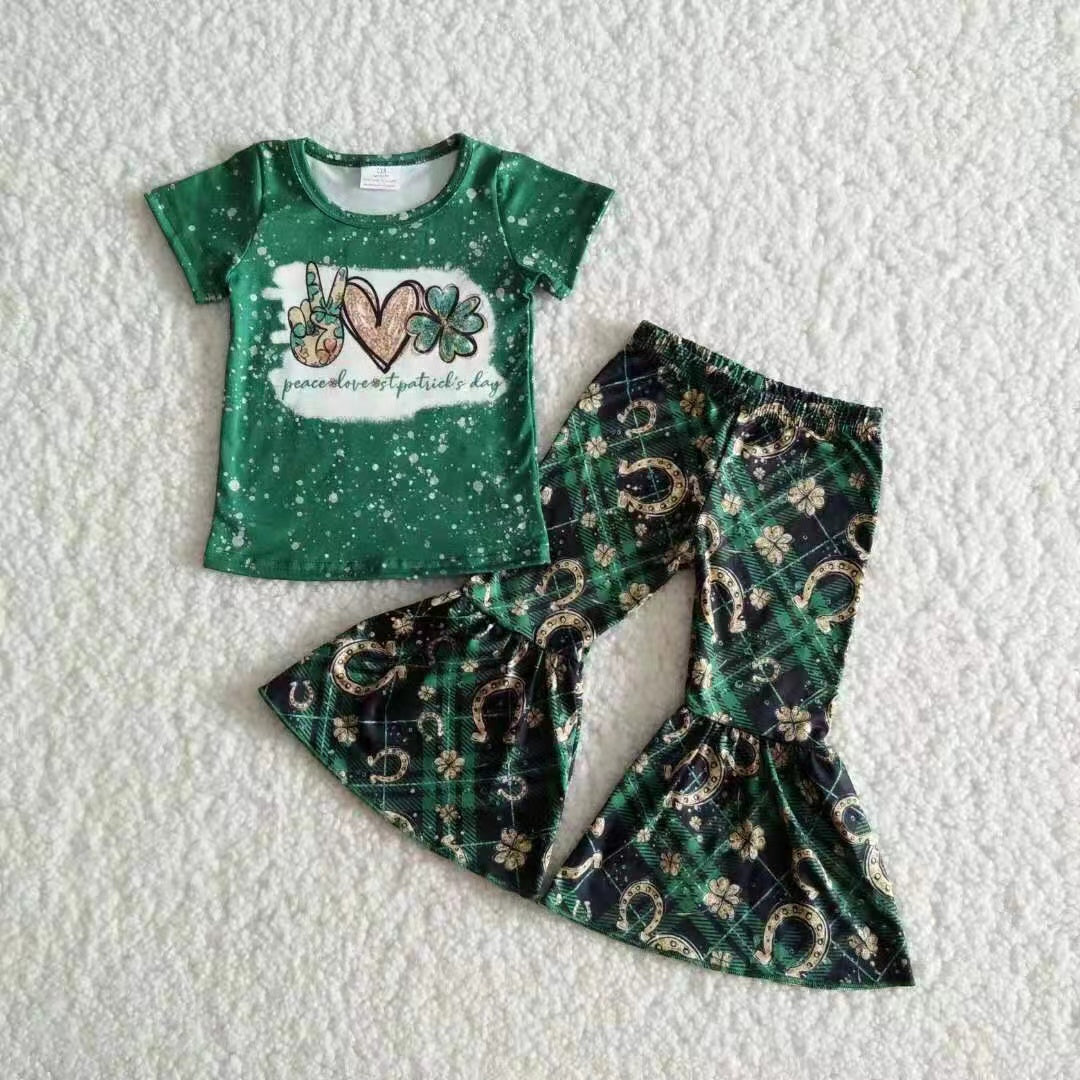 B17-11 Baby Girls St Patrick Quatrefoil Short Sleeve Tops Bell Bottom Pants