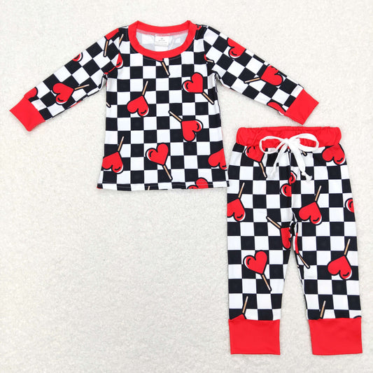RTS NO MOQ(In Stock) BLP0443 Red Heart Lollipop Black and White Checkered Red Trim Long-Sleeve Pants Set