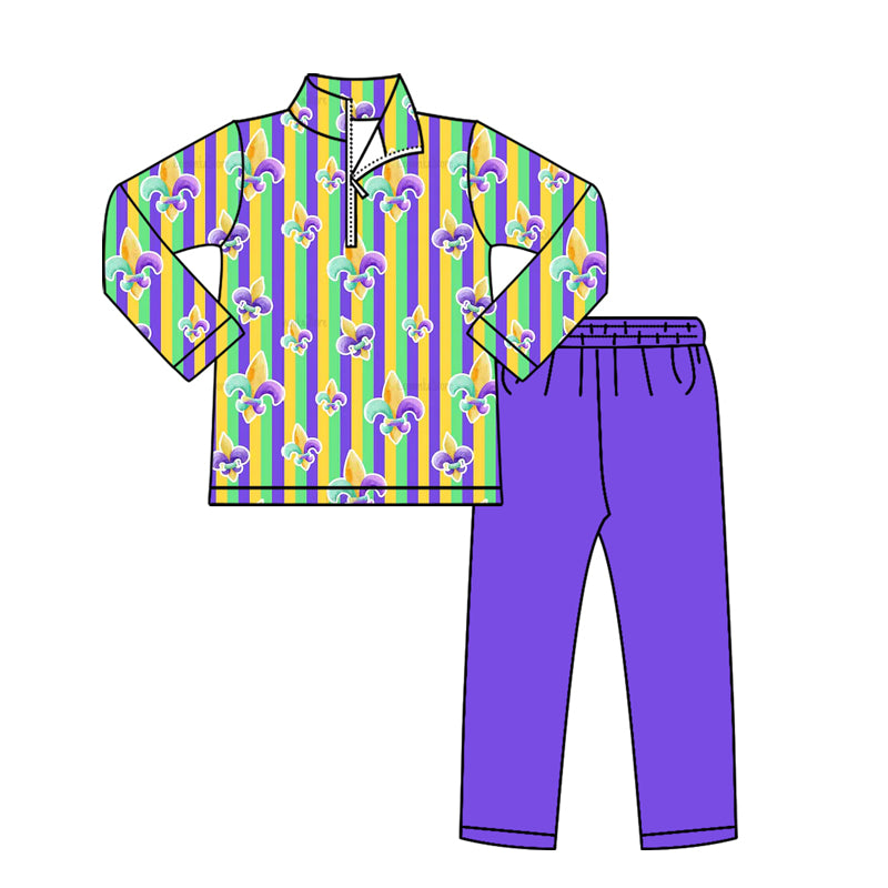 Pre-order no moq BLP1416 toddler boy clothes mardi gras long sleeve pants outfit-25.12.29