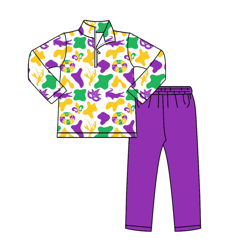 Pre-order no moq BLP1417 toddler boy clothes mardi gras long sleeve pants outfit-25.12.29