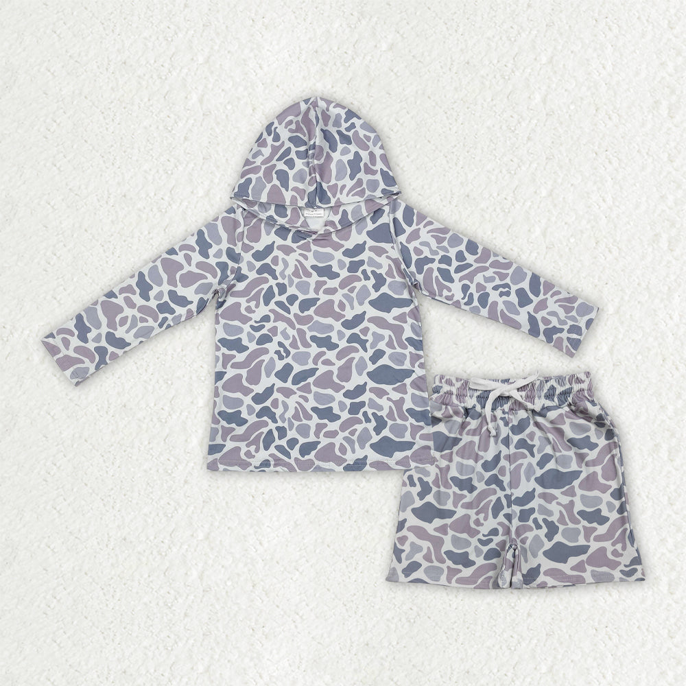 BLS0032 Kids Baby Boy Light Grey Camo Hoodie Top Pockets Shorts Southern Clothes Sets