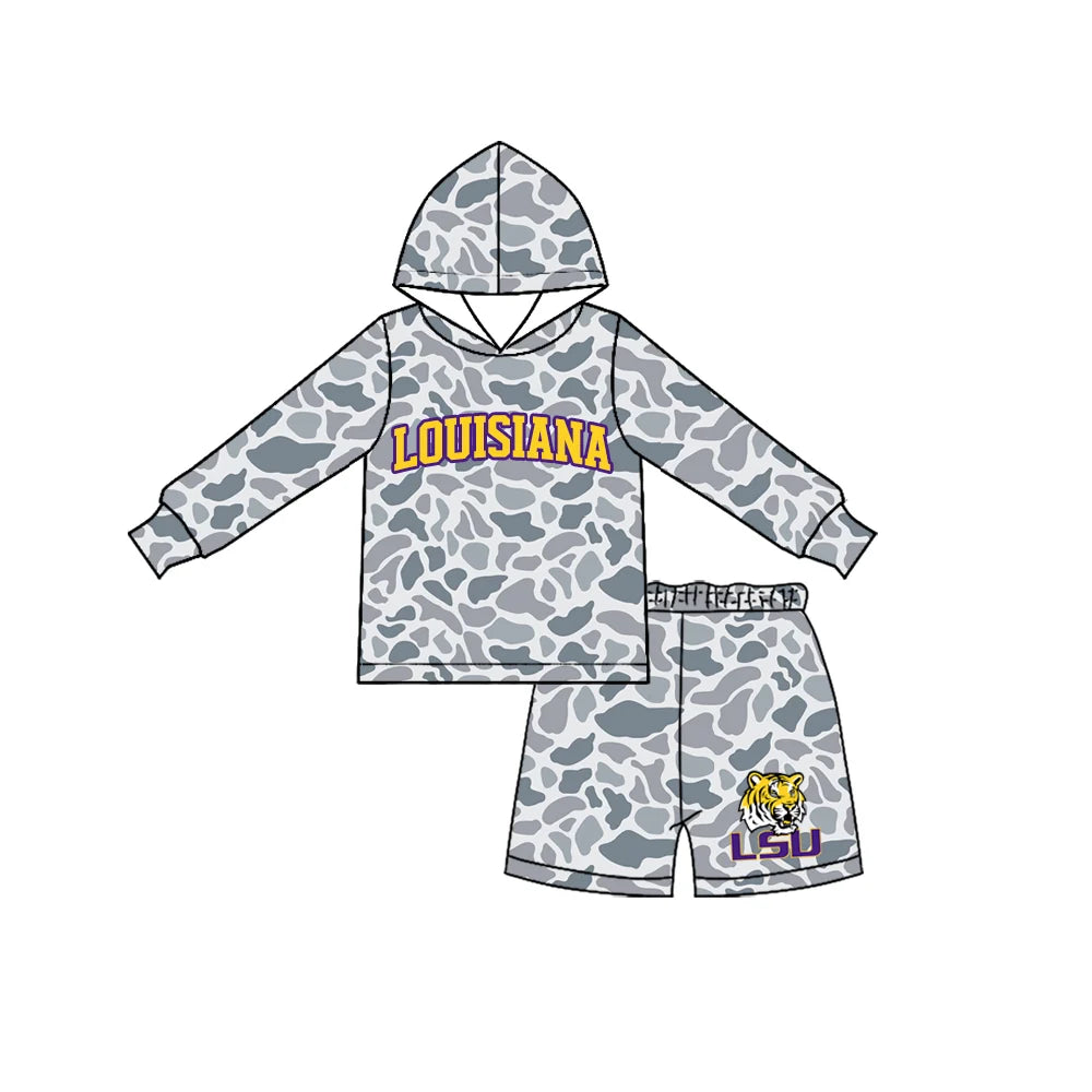 Custom Order Baby Boys Grey Camo Louisiana Long Sleeve Hoodie Short Team Clothes Set