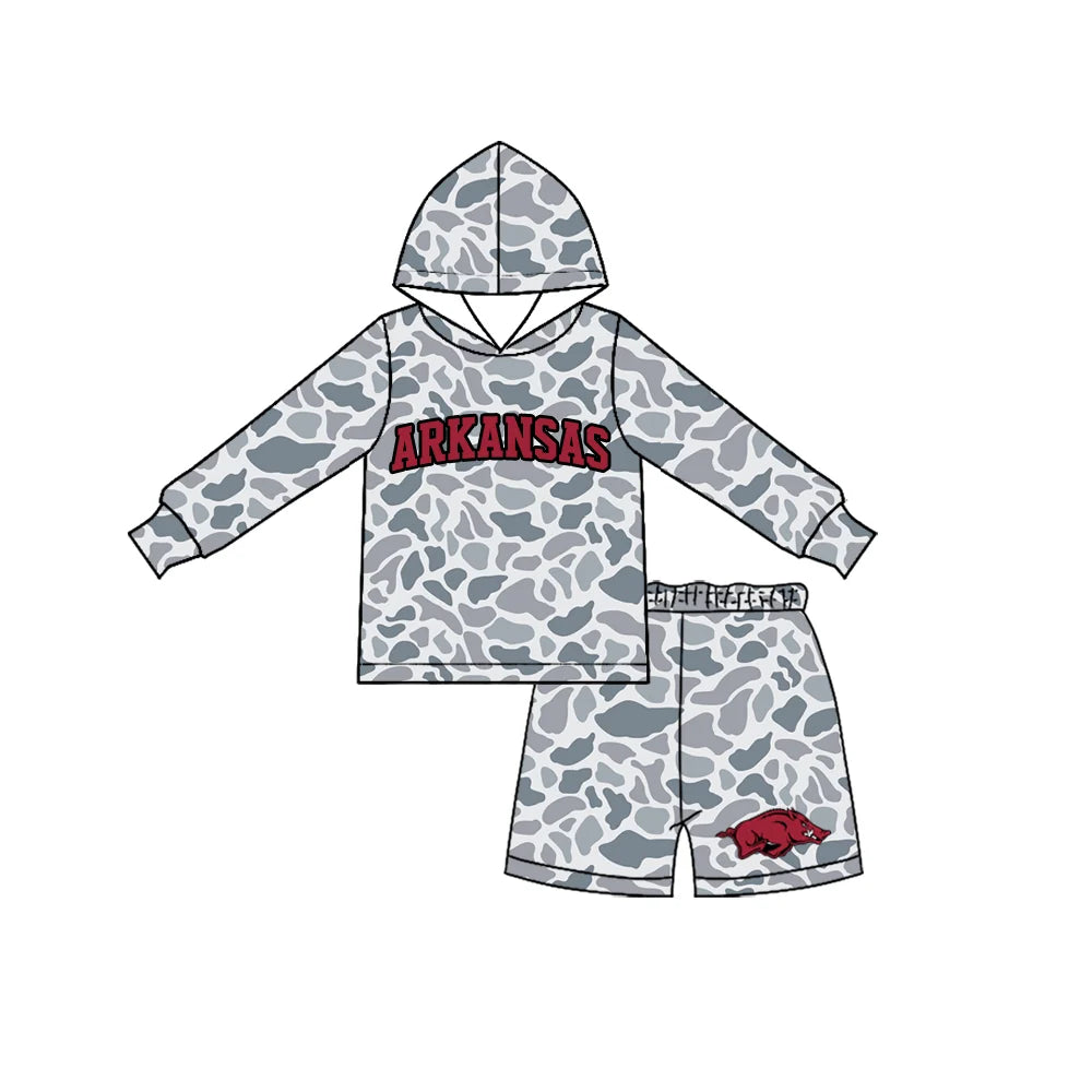 Custom Order Baby Boys Grey Camo Arkansas Long Sleeve Hoodie Short Team Clothes Set