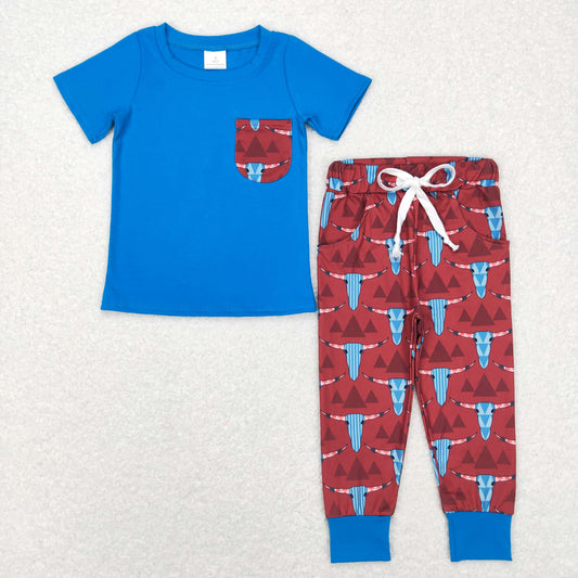 RTS NO MOQ(In Stock) BSPO0188 Triangle Mountain Bull Head Pocket Blue Short-Sleeve Pants Set