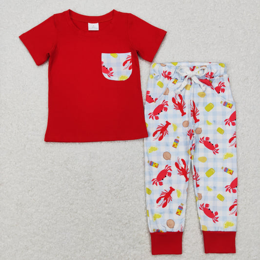 RTS NO MOQ(In Stock) BSPO0189 Lobster Corn Checkered Pocket Red Short-Sleeve Pants Set