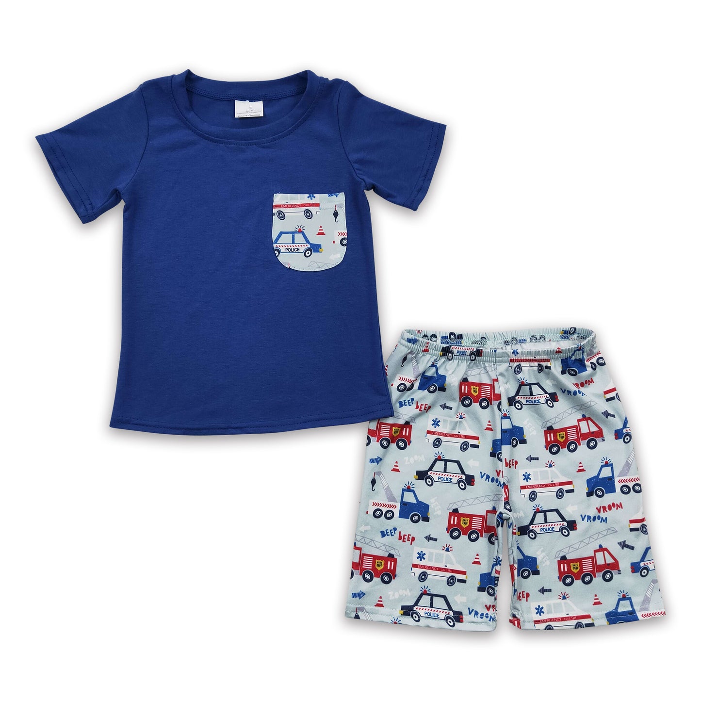 5.12 RTS NO MOQ BSSO0121 Boys Police Car Fire Truck Pocket Blue Short Sleeve Shorts Set