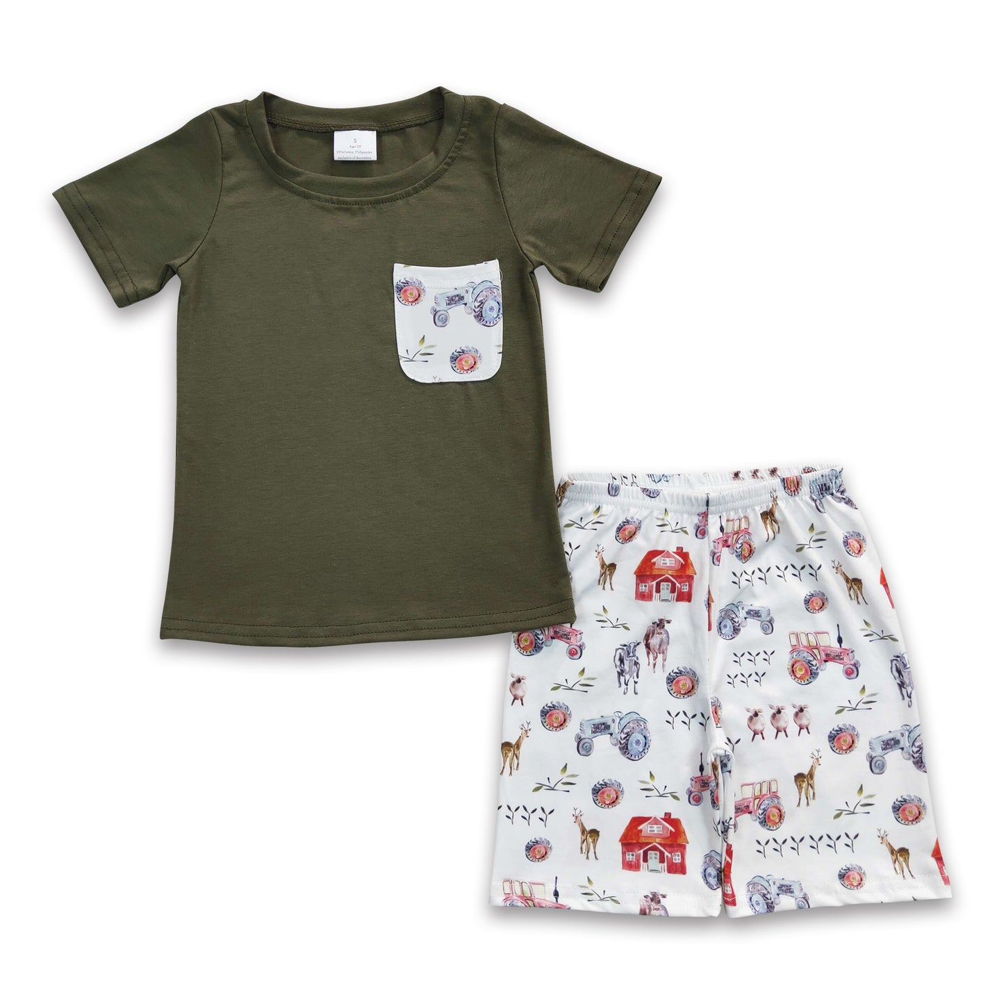 5.17 RTS NO MOQ BSSO0131 Boys Farm House Pocket Green Short Sleeve Shorts Set