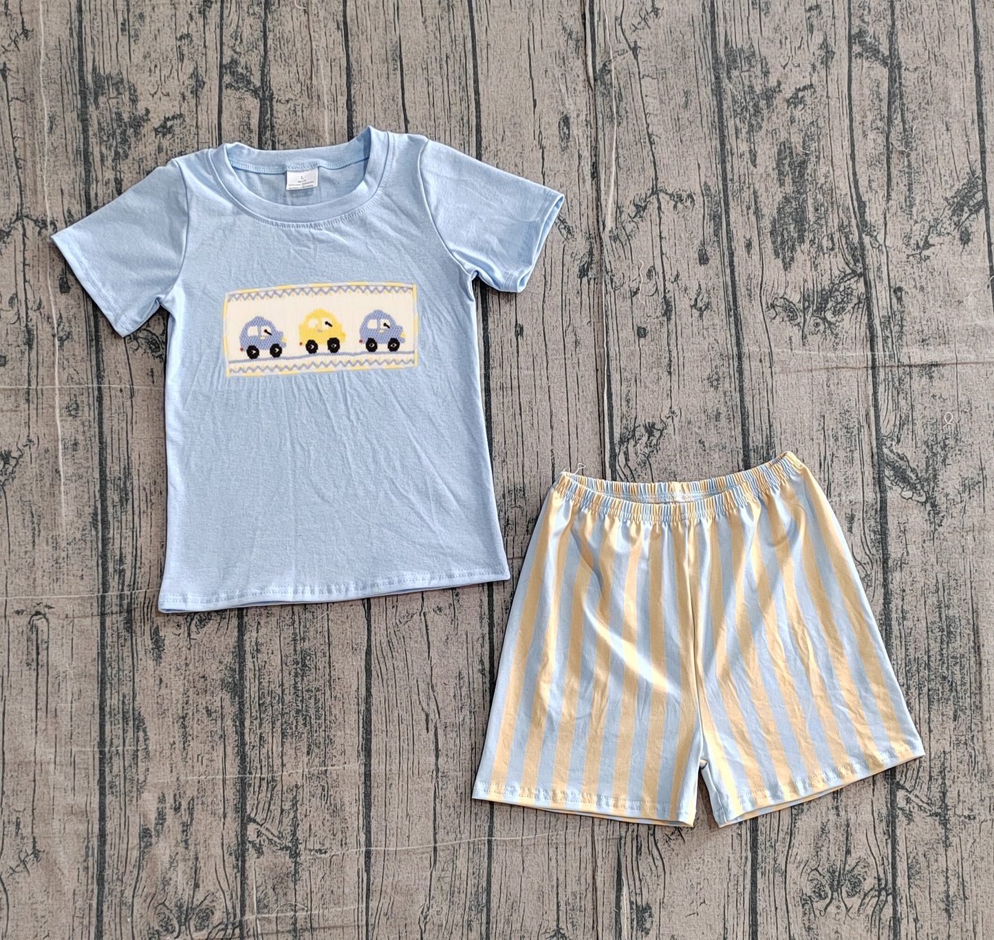 BSSO0617 Preorder Sample Embroidery Cars Baby Boy Blue Shirt Top Stripe Shorts Clothes Sets