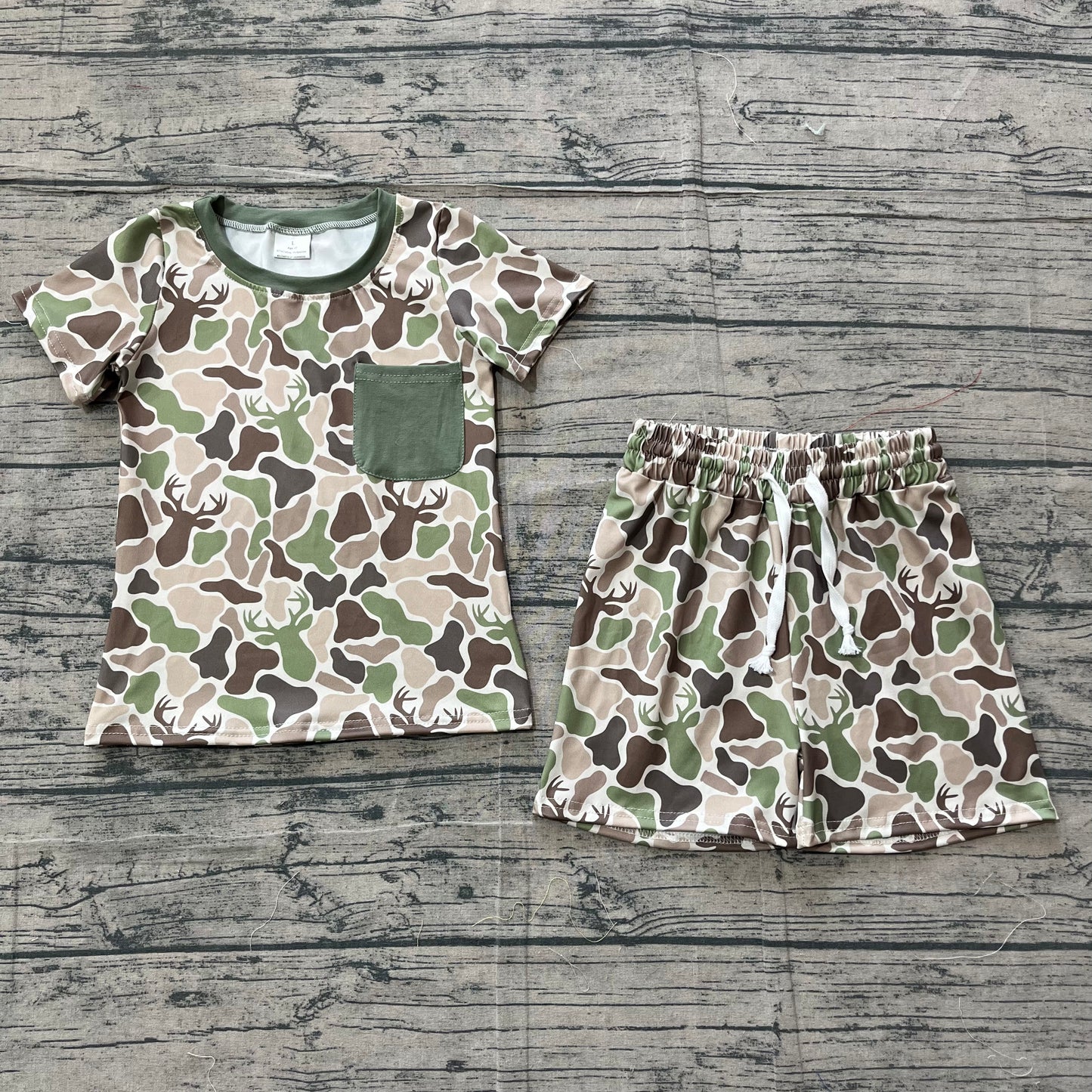BSSO1792 Preorder Sample Baby Boy Southern Green Deer Camo Pocket Top Shorts Hunting Clothes Sets